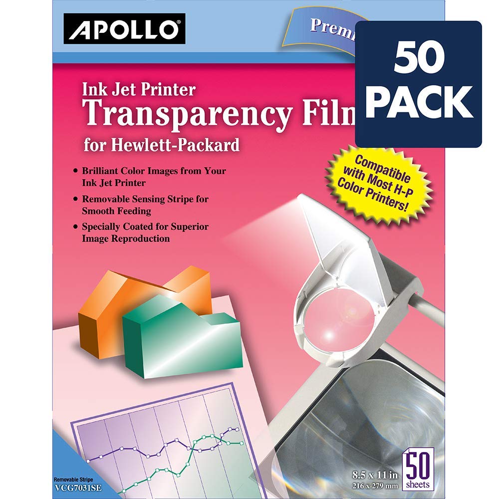 Apollo Transparency Film for Inkjet Printers - Compatible with HP, 50 Sheets/Pack (VCG7031S) - Perfect for Presentations, Overhead Projectors, and DIY Crafts