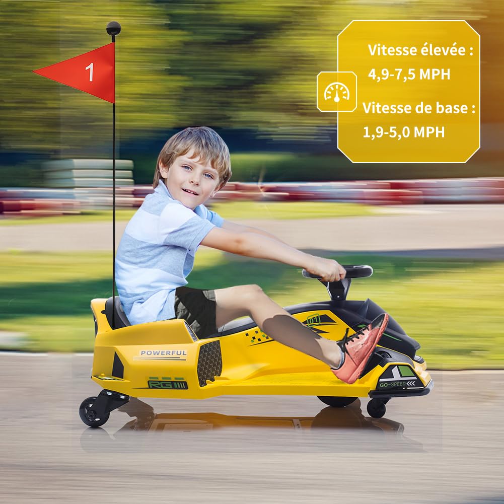24V Kids Electric Drift Kart - Adjustable Speed, 5-Wheel Design, Built-in Music & LED Lights (Front/Rear), Low Battery Alarm - Yellow | Perfect for Outdoor Play, Backyard Racing & Birthday Gifts for Boys & Girls Ages 3-8