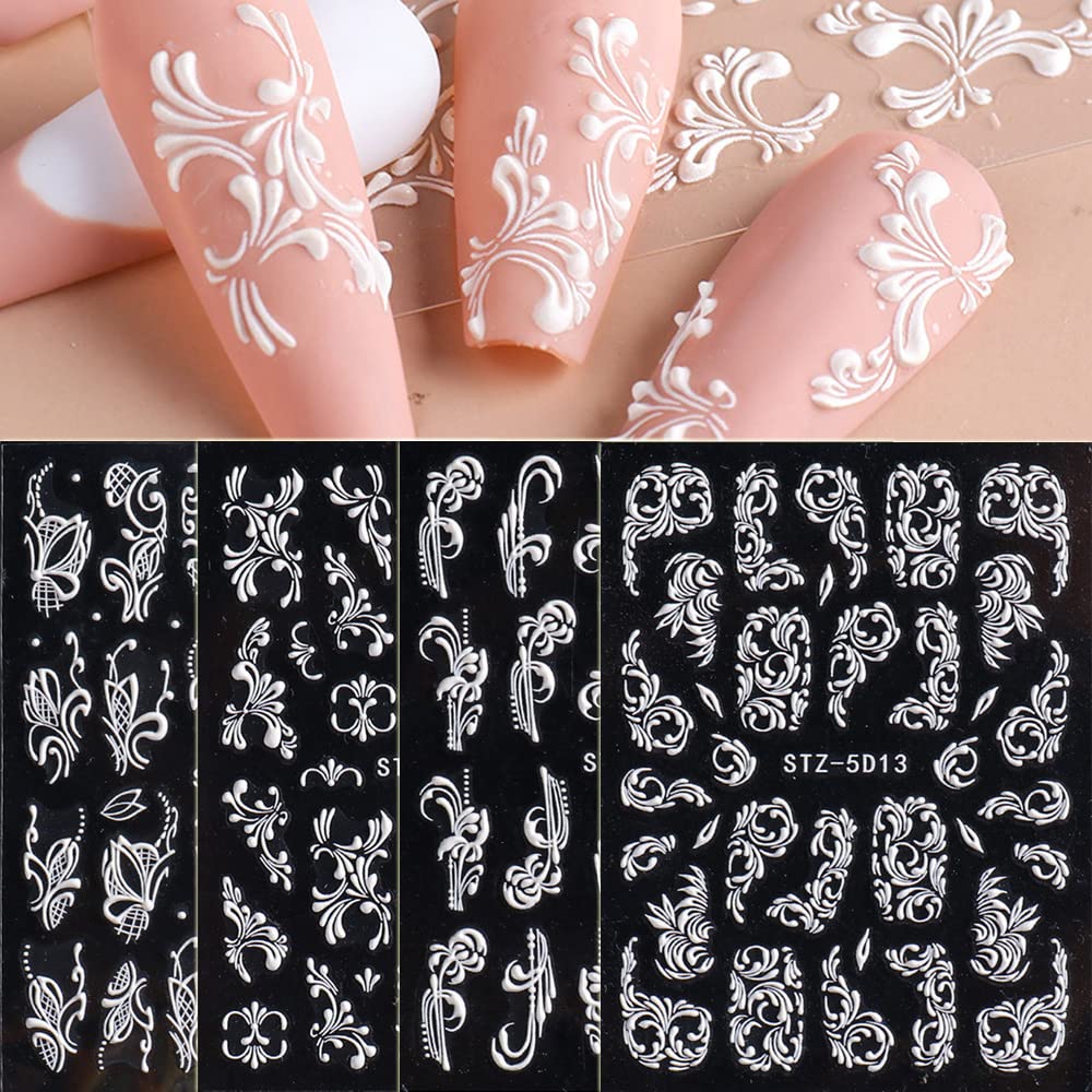 5D Flower Nail Art Stickers - 4 Sheets 3D Embossed Acrylic Nail Decals for Women, Self-Adhesive White Lace Floral Nail Designs for DIY Manicure | Perfect for Weddings, Parties & Everyday Nail Art Decoration