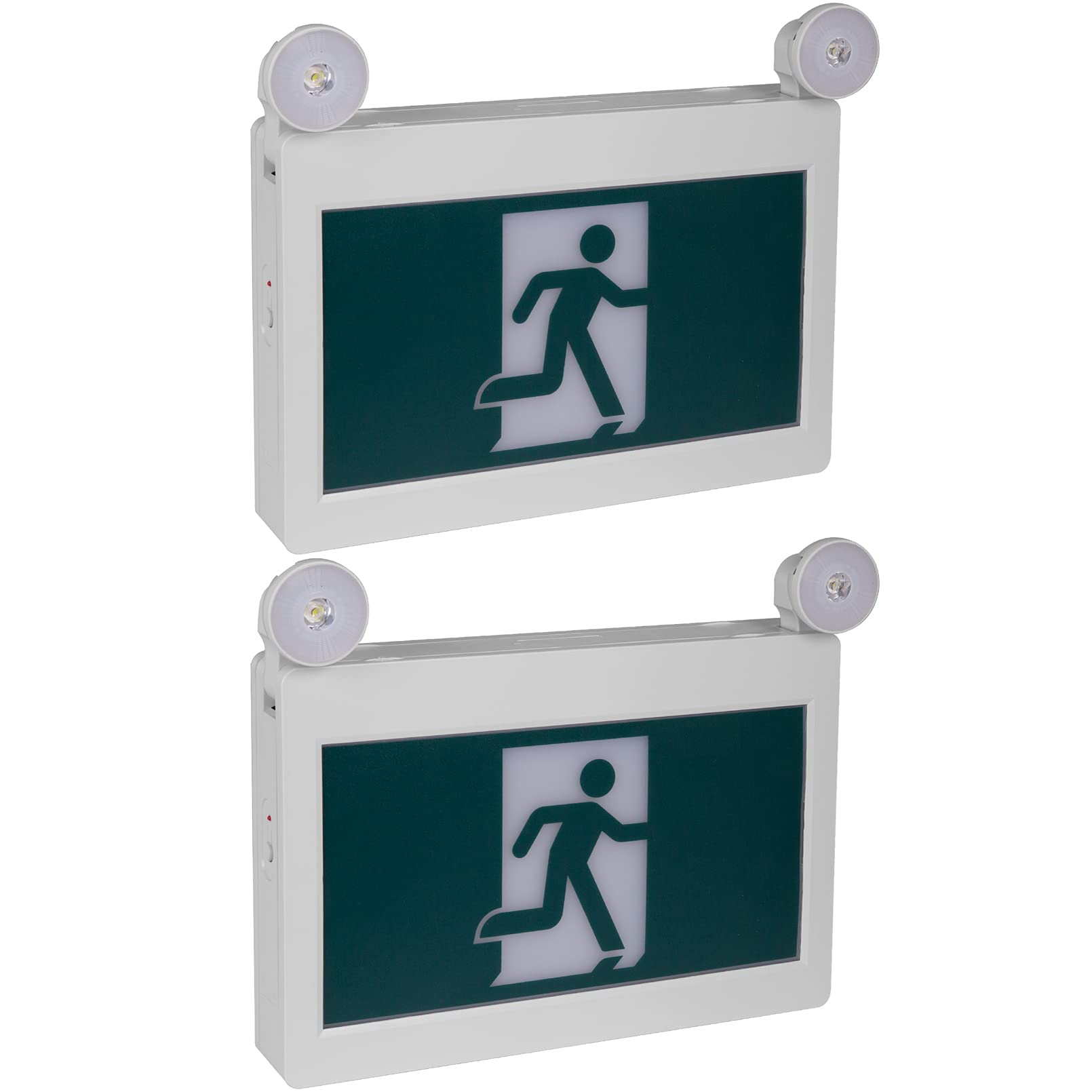 EXITLUX 2-Pack Green LED Emergency Exit Signs with Backup Batteries - Adjustable Dual-Head Exit Lighting, Double-Sided 120/347VAC - Running Man Symbol - Ideal for Commercial Buildings, Warehouses & Emergency Exits