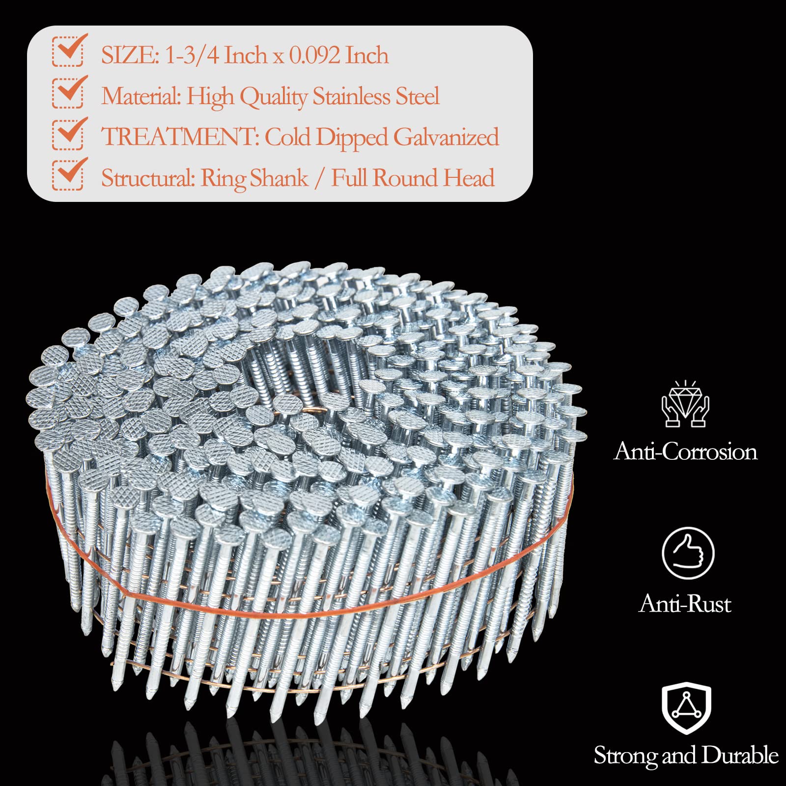 1-3/4 Inch 15 Degree Stainless Steel Coil Siding Nails - 1200 Count Ring Shank Galvanized Roofing Nails for Siding, Fencing & Exterior Trim Installation - Weather Resistant Construction Fasteners