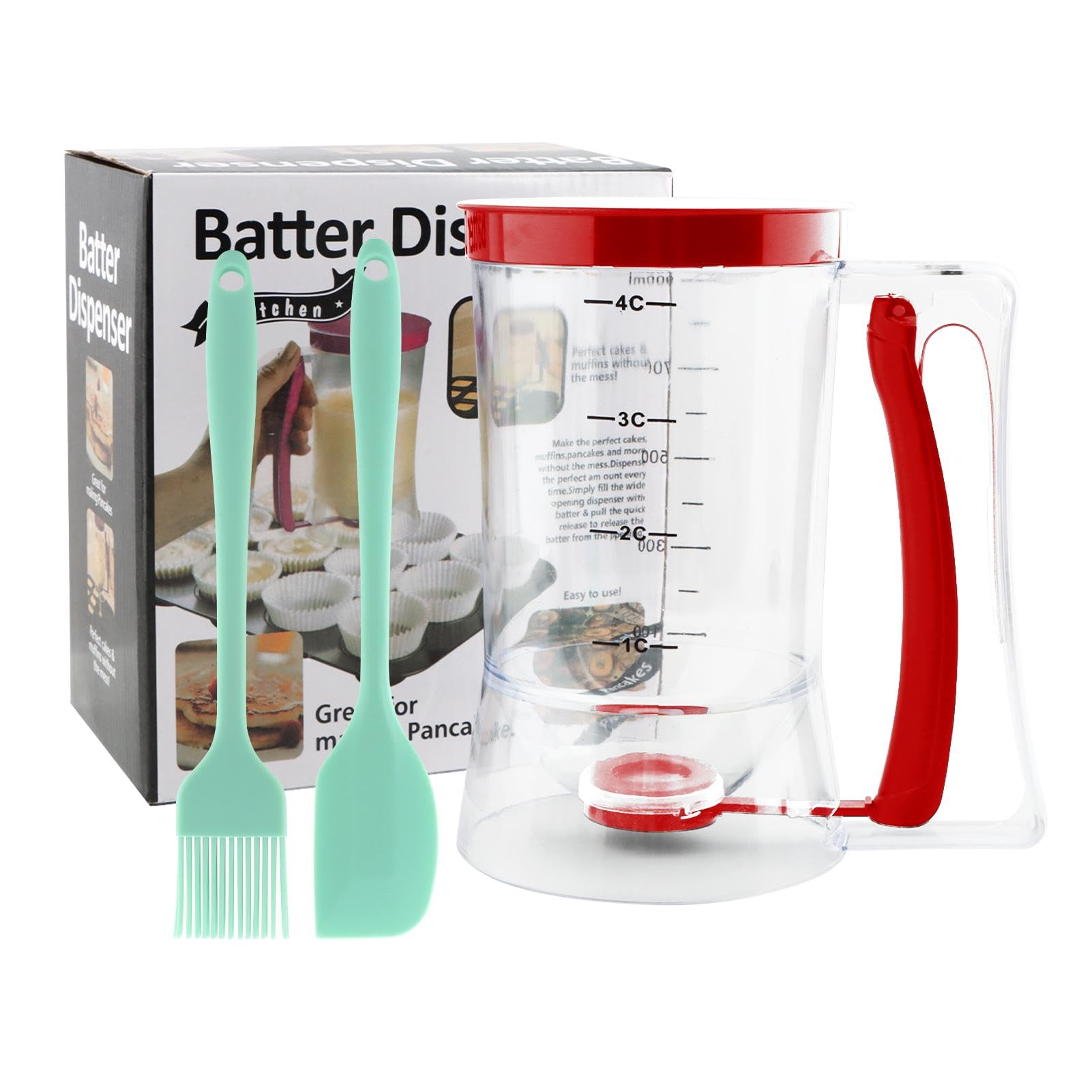 **Pancake Batter Dispenser with Oil Brush & Scraper – Cupcake Batter Dispenser with Squeeze Handle for Precise Portion Control – Perfect for Pancakes, Waffles, Muffins & Crepes – Ideal for Breakfast, Brunch & Baking at Home**