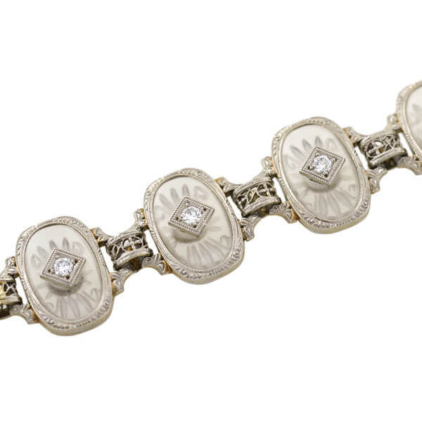 KREMENTZ Art Deco Platinum & 14kt Gold Reverse Carved Rock Crystal Diamond Bracelet - Vintage Jewelry for Women, Perfect for Weddings, Parties & Special Occasions