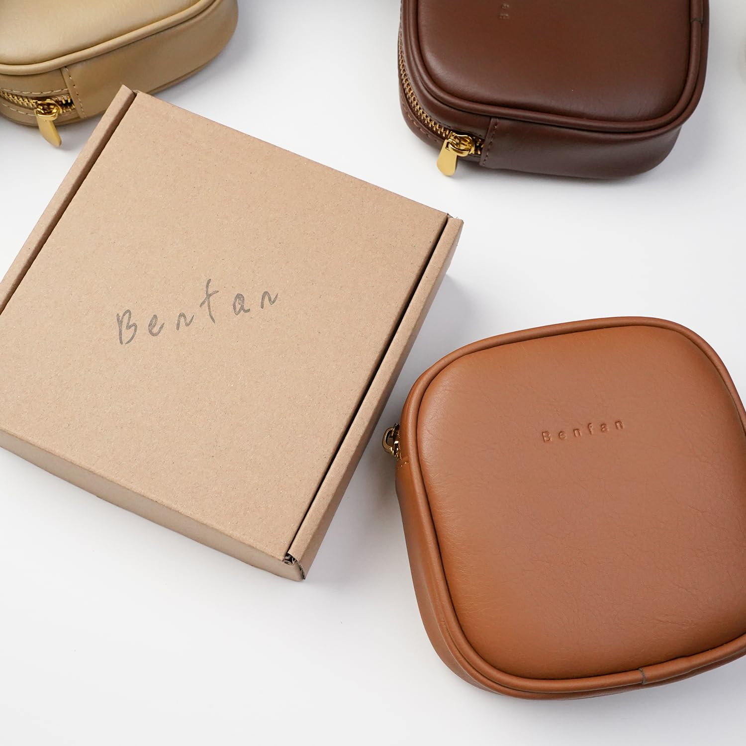 Genuine Leather Cosmetic Bag for Women - Small Waterproof Zipper Makeup Pouch - Travel Organizer for Purse, Charger & Accessories - Brown (Perfect for Daily Use, Travel & Gift Giving)
