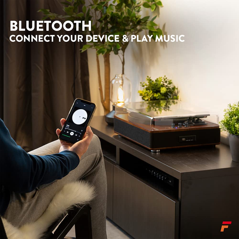 VONYX Fenton RP162D Walnut Bluetooth Record Player with SHF404B Active Bookshelf Speakers - Wireless Turntable System, Vinyl to MP3 Converter, 3-Speed Belt-Drive for Home Entertainment & Music Lovers