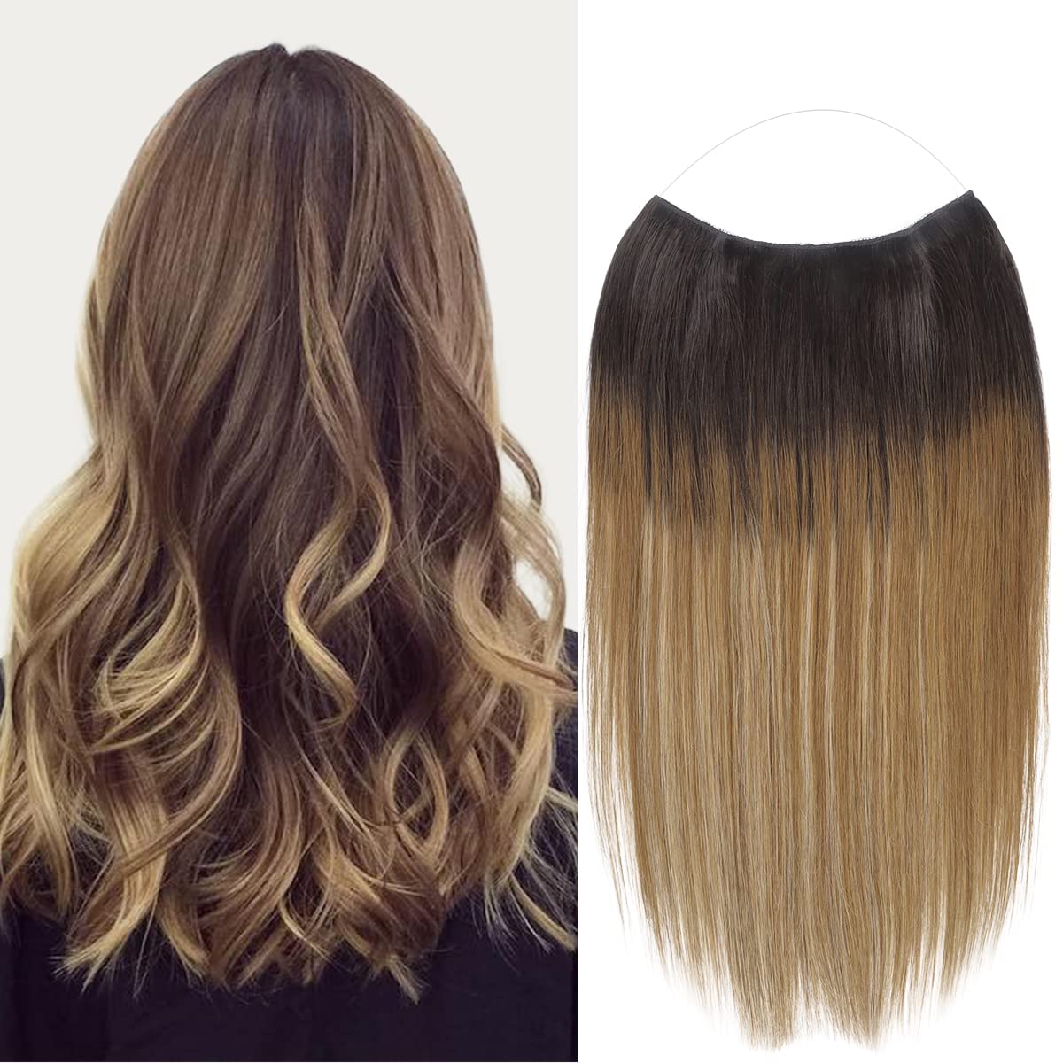 Marat 20-Inch 110g Wire Hair Extensions - Dark Brown to Dirty Blonde Remy Human Hair with Invisible Fish Line for Natural Look | Perfect for Daily Wear, Parties, Weddings & Special Occasions