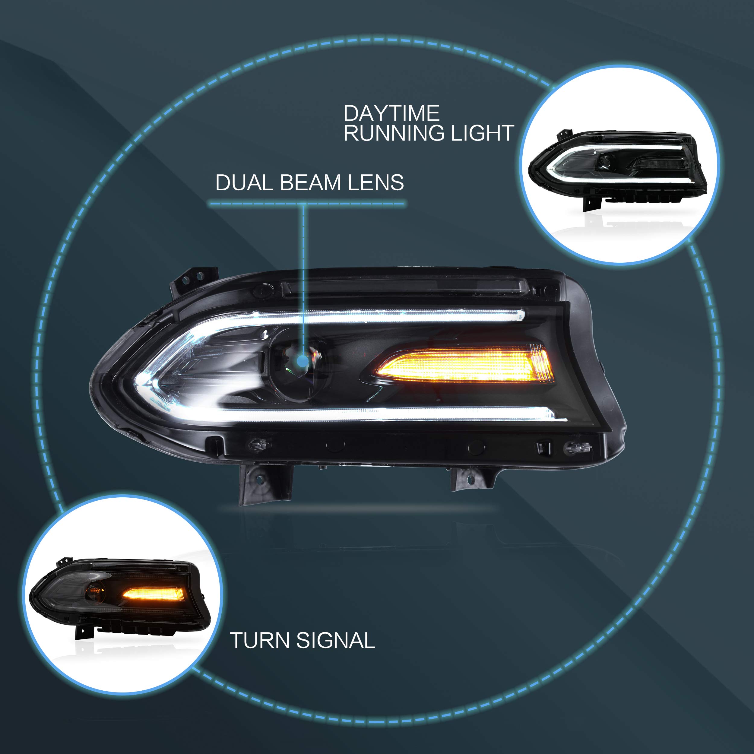 VLAND LED Headlight Assembly for Dodge Charger 2015-2020 - Full LED Replacement Lights with Plug-and-Play Installation - Perfect for Night Driving & Off-Road Adventures