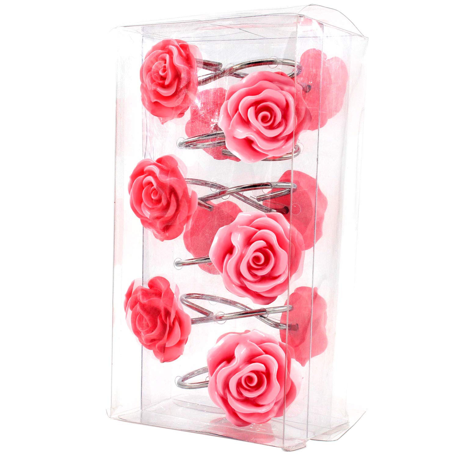 BEAVO Rustproof Resin Rose Flower Shower Curtain Hooks - Set of 12 Pink Bathroom Hooks for Shower Rods & Curtains | Elegant Home Decor for Bathroom, Guest Room & Spa Style Showers