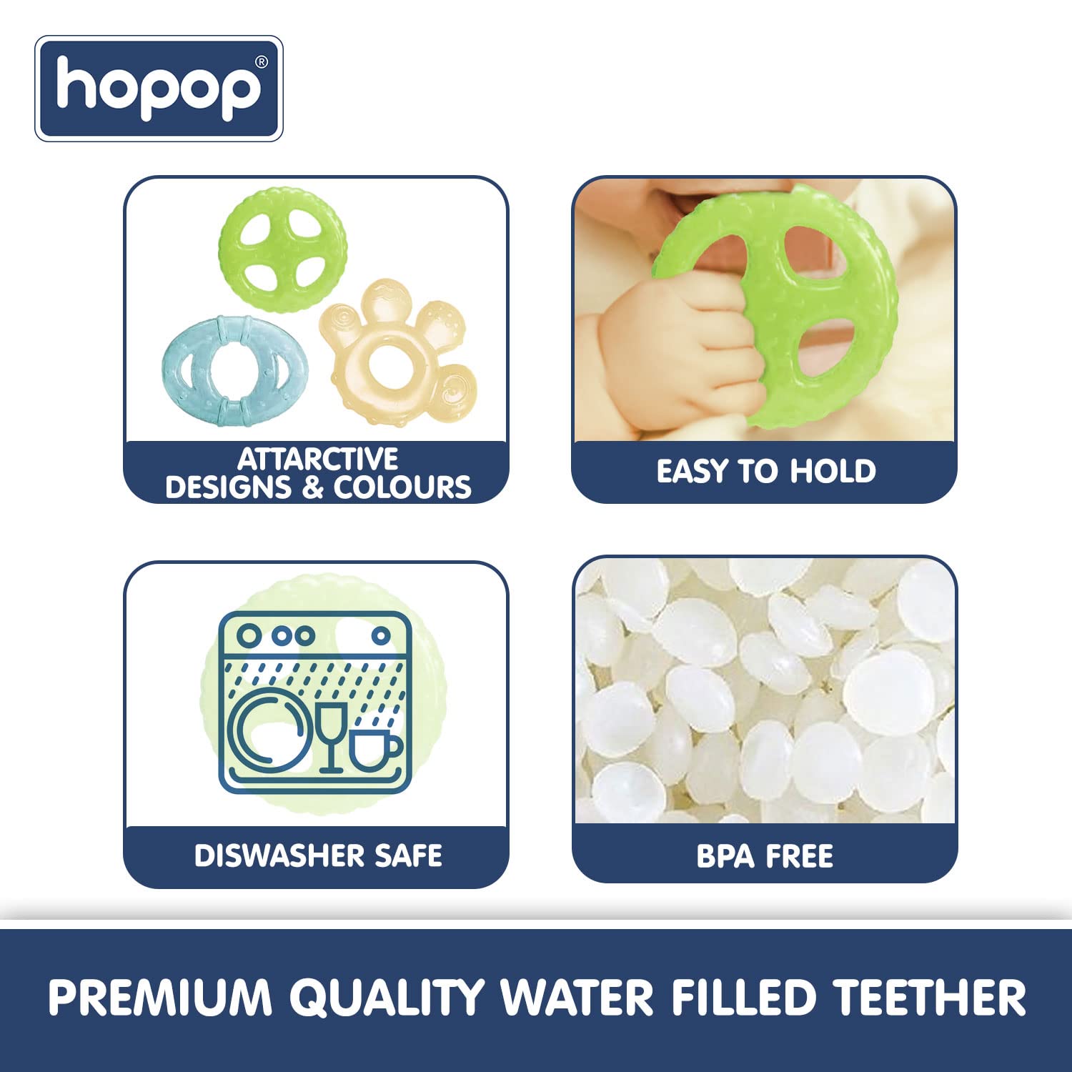 Hopop Baby Teether for 3-12 Months - BPA Free Cooling Water Filled Teether with Multi-Textured Surfaces to Soothe Gums - Easy Grip Design - Pack of 3 Yellow Teethers - Perfect for Teething Relief at Home, Travel & Daycare