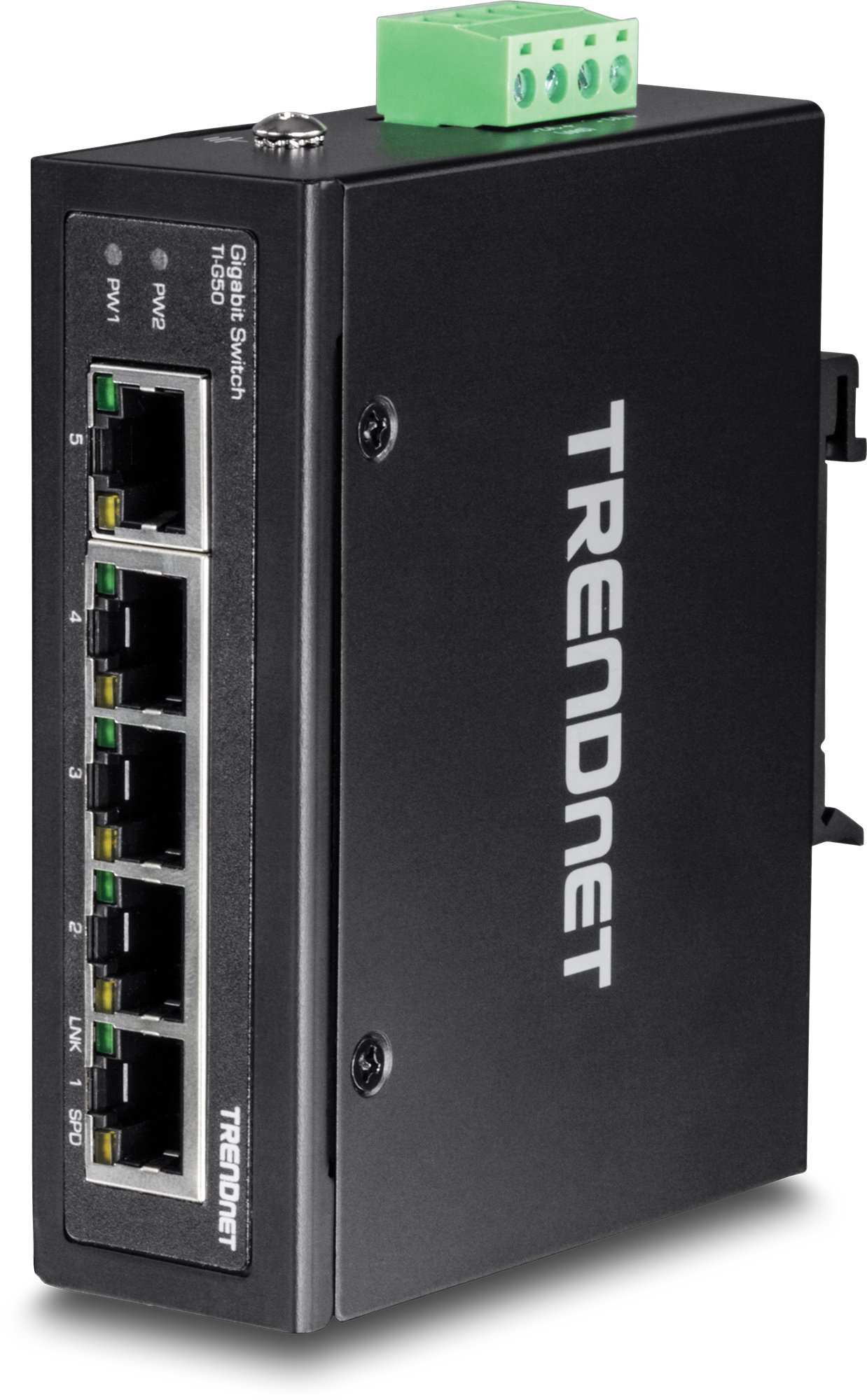 TRENDnet 5-Port Industrial Gigabit DIN-Rail Switch - 10Gbps High-Speed Network Switch with IP30 Rating (-40°F to 167°F) - DIN-Rail & Wall Mount Included - Lifetime Warranty - Black - TI-G50 - Perfect for Harsh Industrial Environments, Factory Automation & Outdoor Networking