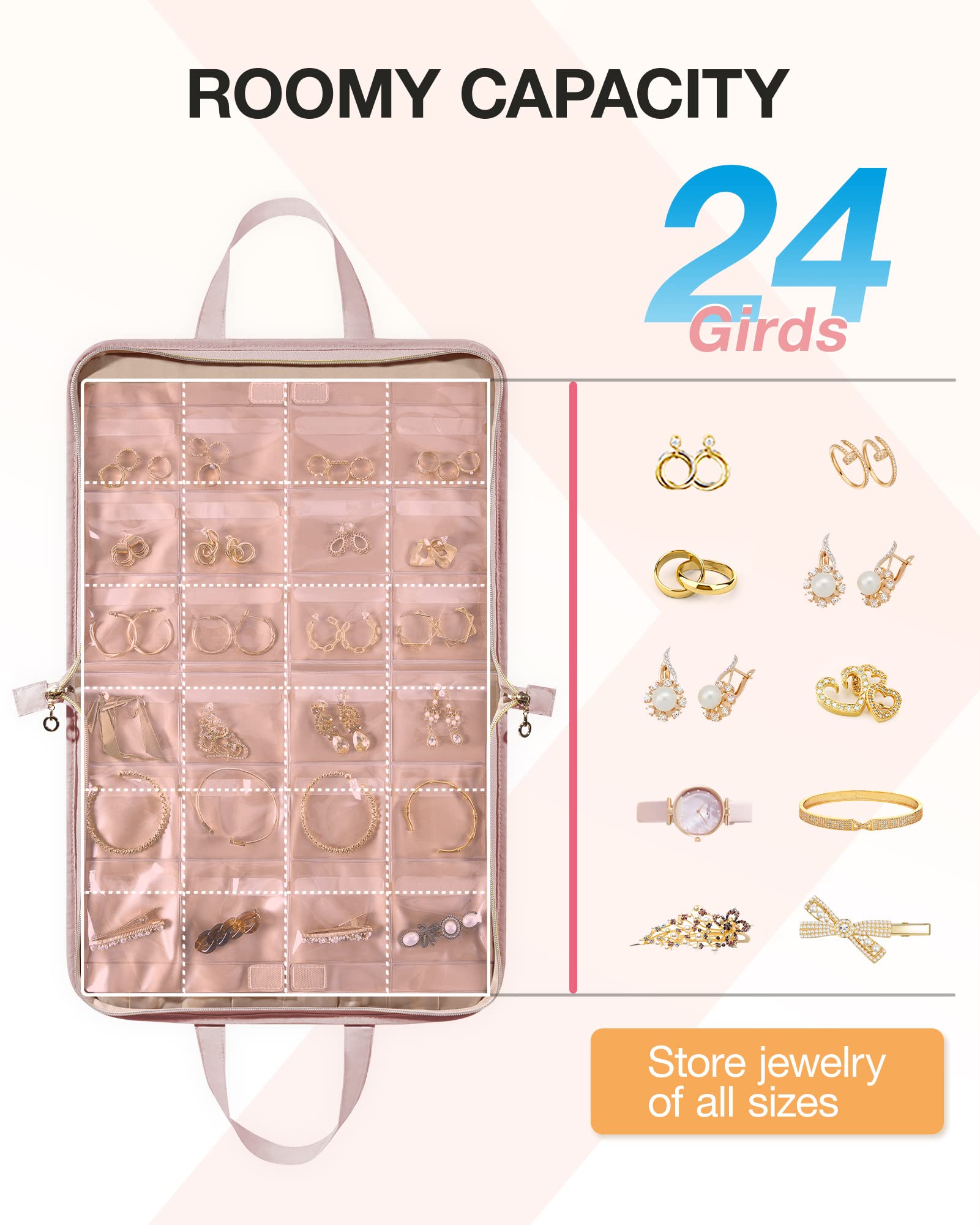 BAGSMART Large Pink Travel Jewelry Organizer Case - Portable Jewelry Roll Bag with Foldable Transparent Pockets for Earrings, Rings, Bracelets | Tangle-Free Necklace Storage | Perfect for Travel, Vacation & Business Trips