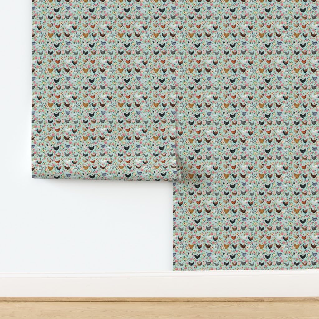 Peel & Stick Removable Wallpaper - 9ft x 2ft Chicken Breeds Floral Design with Hens & Birds in Light Blue | Farmhouse Decor | Perfect for Nursery, Kitchen, Bedroom & Home Office