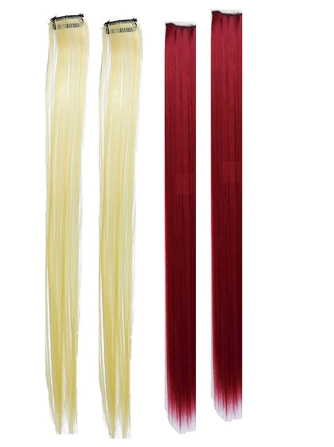 Paradise® 22-Inch Blonde & Maroon Clip-In Hair Extensions - 4-Pack Straight Synthetic Hair Streaks for Women & Girls - Two-Tone Funky Party Hair Patches - Perfect for Cosplay, Halloween, and Night Out Styling