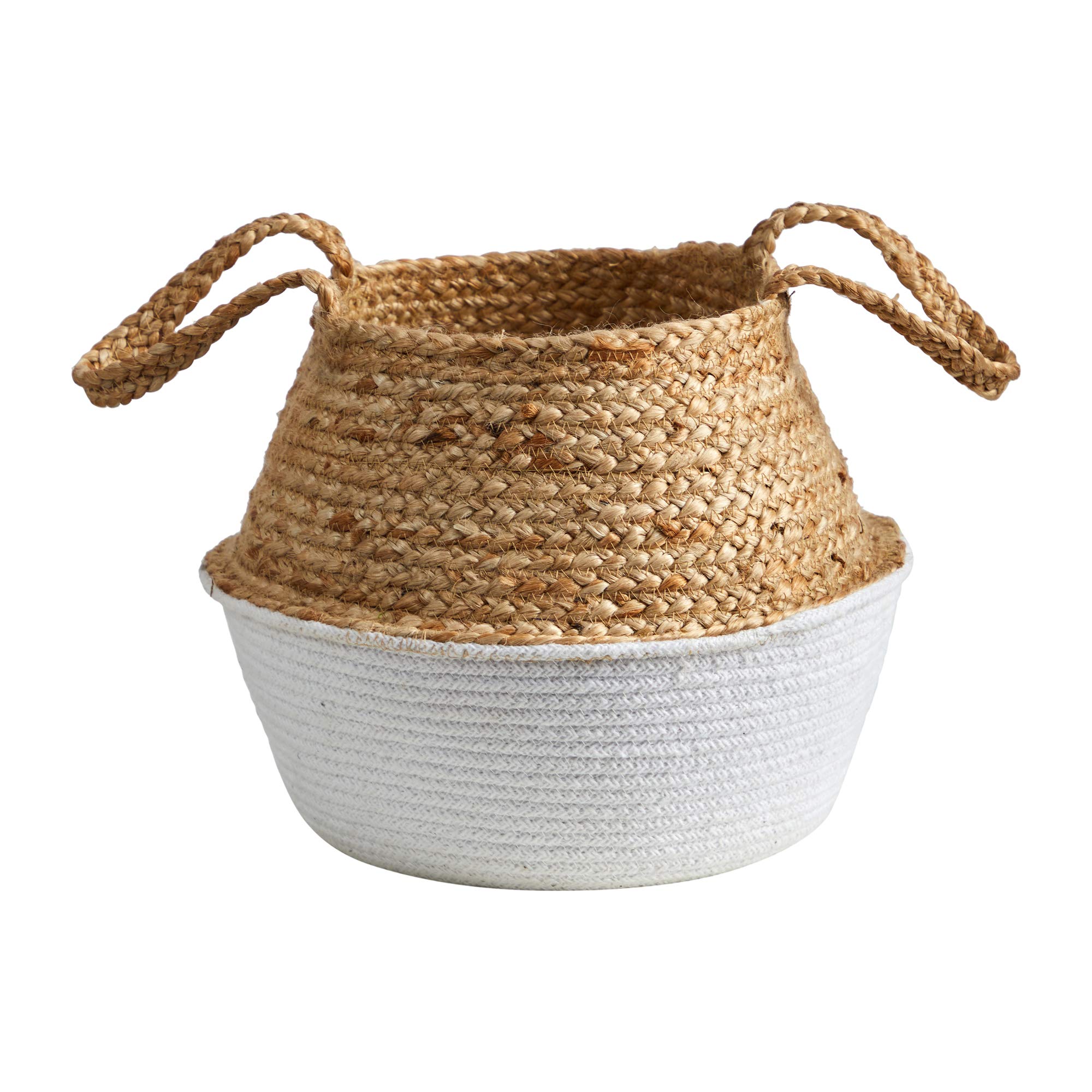 Nearly Natural 14 Inch Boho Chic Handmade Cotton & Jute White Woven Basket Planter for Home Decor, Plant Holder, Storage Organizer - Perfect for Living Room, Bedroom, or Office