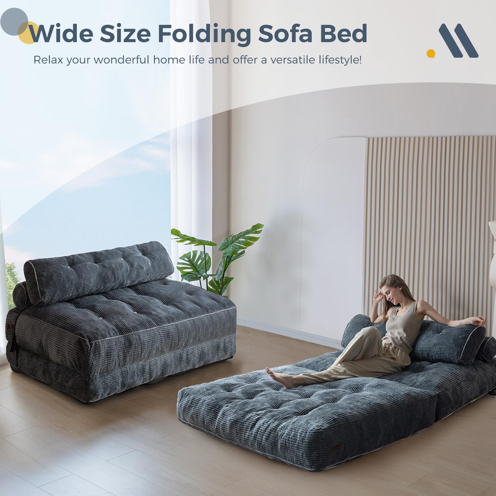 MAXYOYO Corduroy Folding Sofa Bed - Convertible Sleeper Chair with Pillow & Foldable Mattress, Back Support (Double Size, Dark Grey) for Small Spaces, Guest Rooms & Apartments