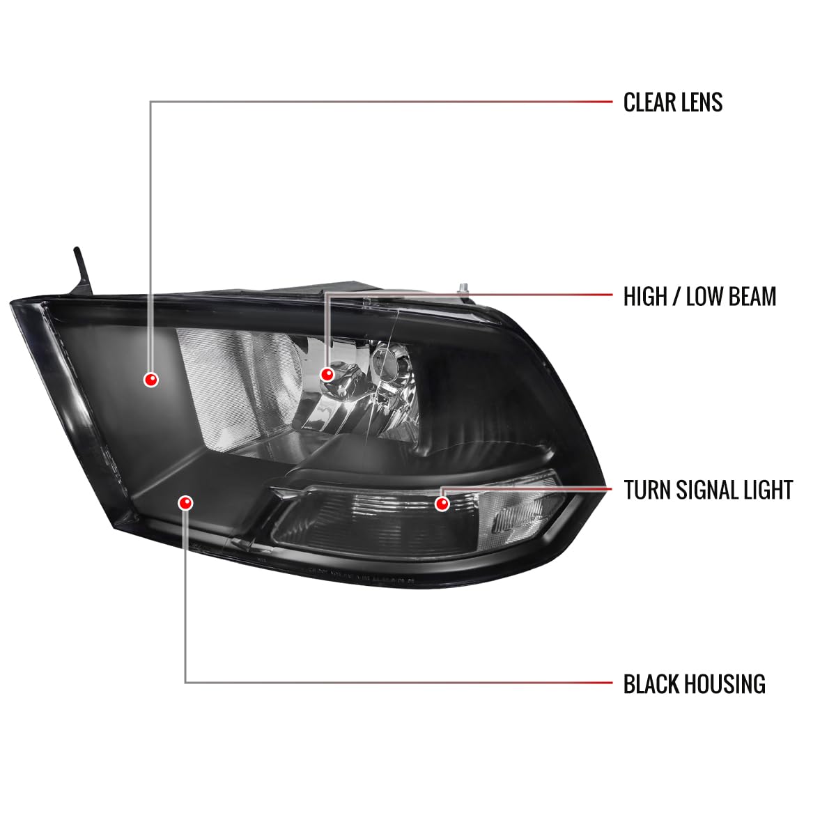 2009-2019 Dodge Ram 1500 2500 3500 Replacement Black Headlight Assembly - LED Projector Front Lamps for Improved Night Driving & Off-Road Visibility
