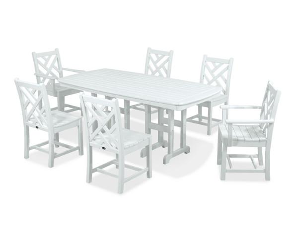 Polywood Chippendale 7-Piece Outdoor Dining Set - All-Weather Wicker Patio Furniture for Backyard, Poolside & Garden - Classic White Dining Table with 6 Chairs