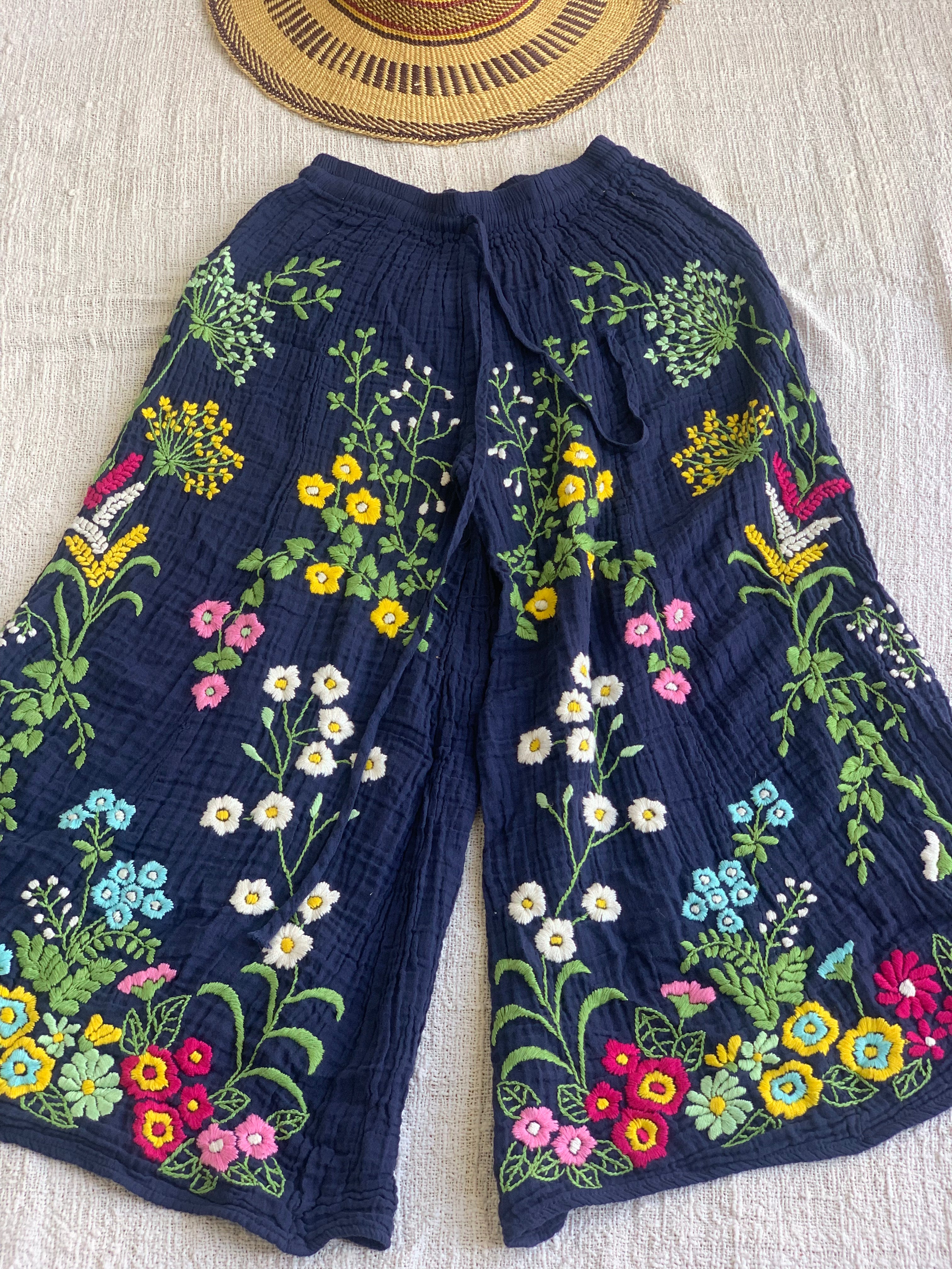 Boho Floral Embroidered Pants for Women - Handmade Chiang Mai Style Cotton Trousers in Blue | Perfect for Beach, Yoga, and Festival Outfits