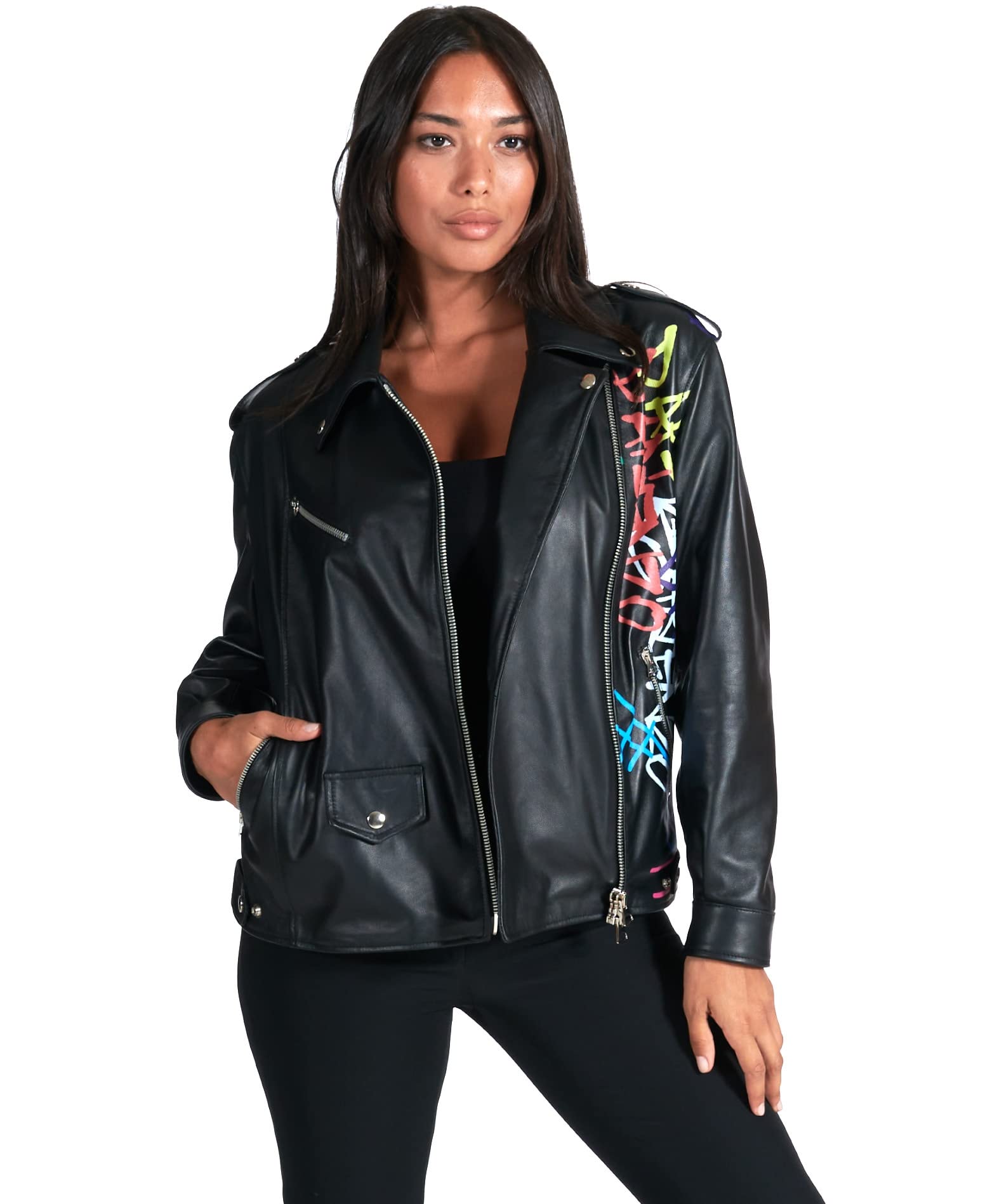 D'Arienzo Black Oversize Biker Jacket for Women - Genuine Italian Leather Custom Laser Motorbike Jacket | Perfect for Motorcycle Riding, Casual Outfits & Fashion Statements