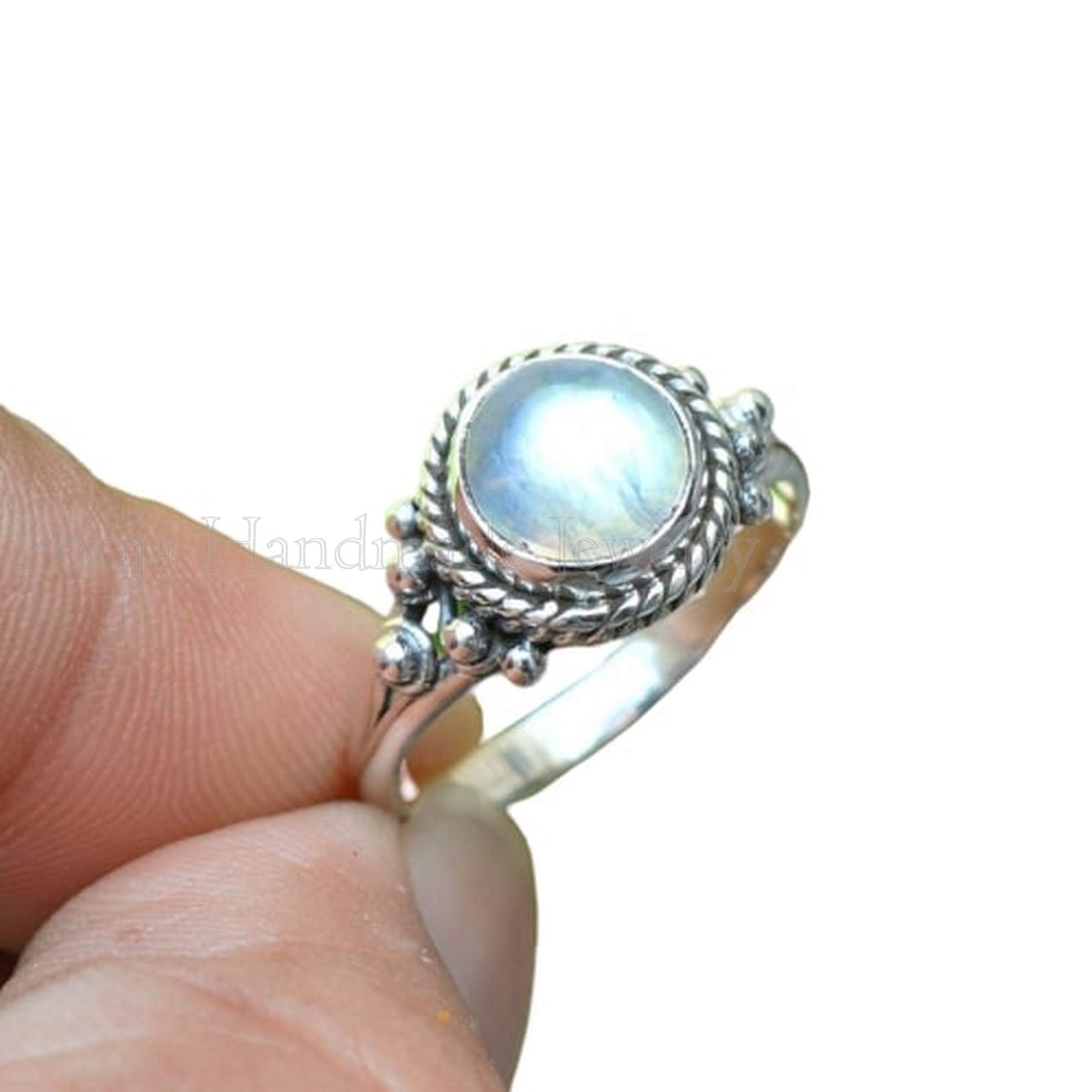 925 Silver Rainbow Moonstone Ring with Blue Fire - Round Gemstone Boho Handmade Jewelry for Women - Minimalist Engagement Ring, Gift for Her - Perfect for Weddings, Boho Chic Outfits & Special Occasions