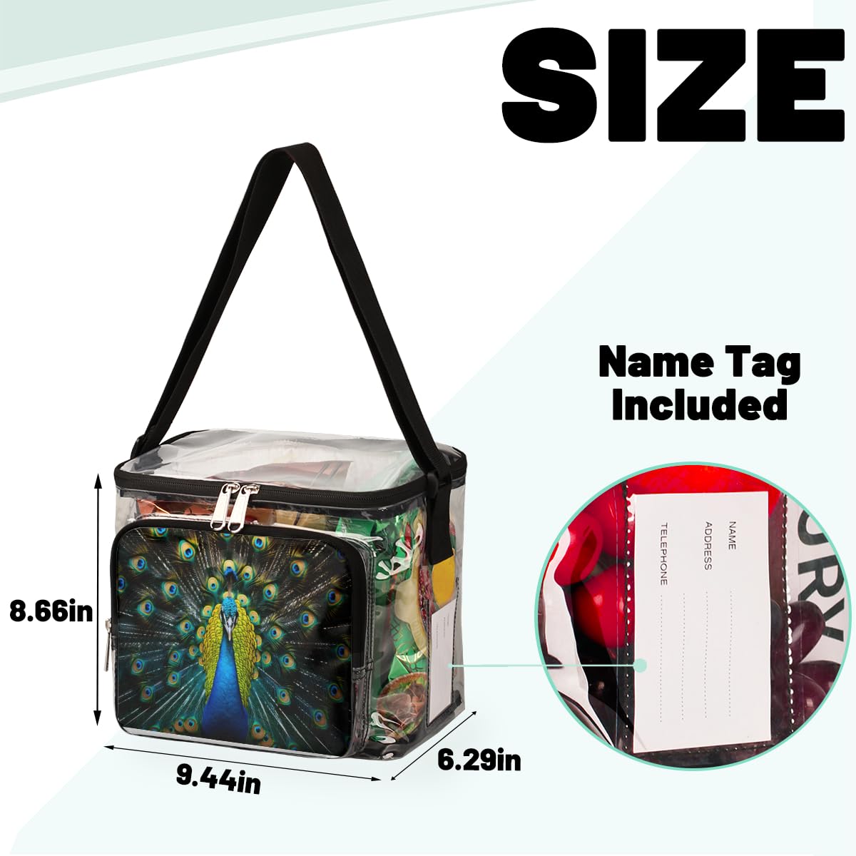 GzLeyigou Transparent Peacock Print Tote Bag with Handles - Clear Shoulder Bag for Women, Fashionable Crossbody Purse for Outdoor, Travel, Picnic, Concerts & Sports Events (Stadium Approved) - Perfect for Beach Days, Music Festivals and Shopping Trips