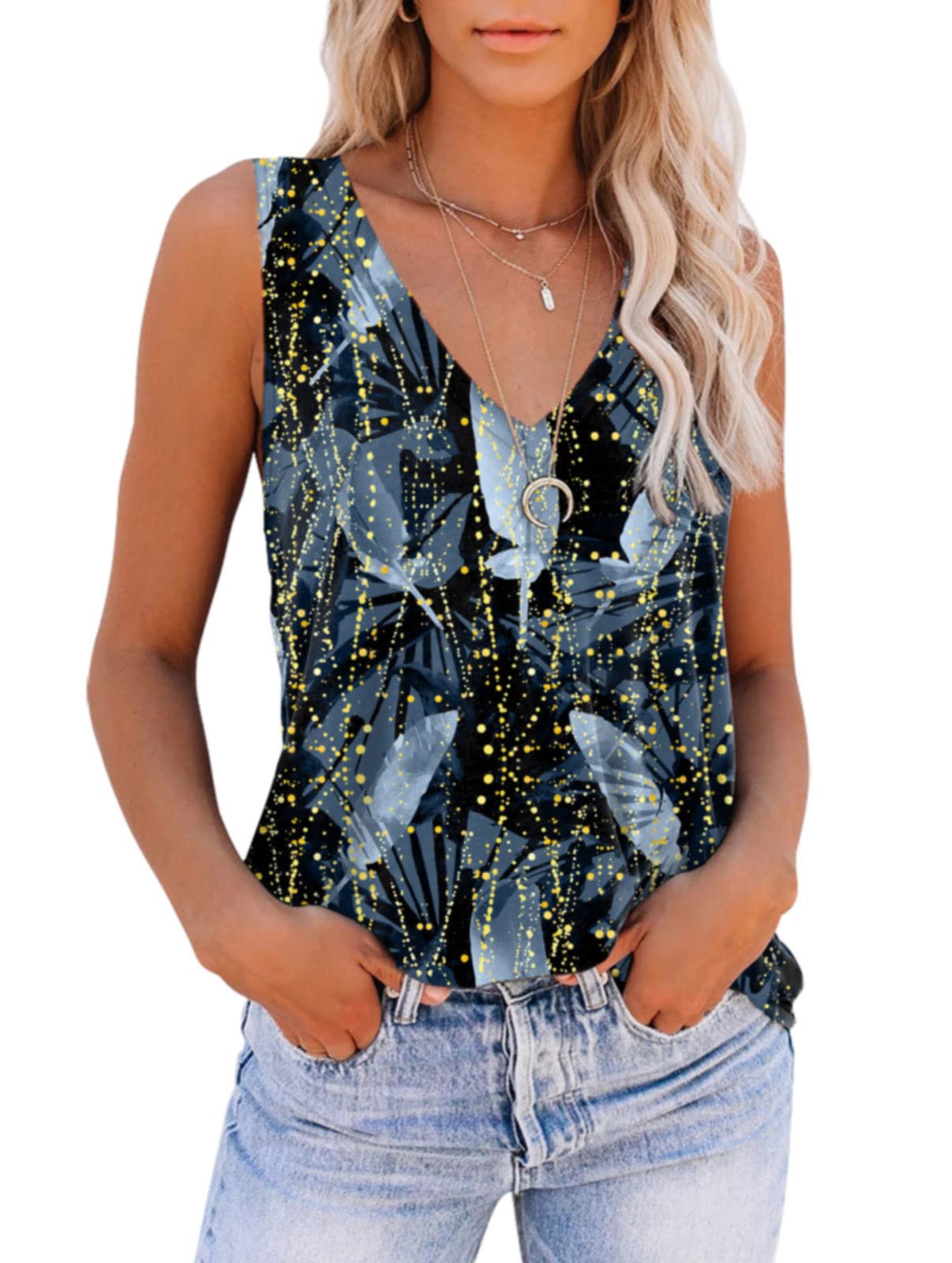 ETCYY Women's Summer V-Neck Tank Tops - Tie Dye Sleeveless Basic Tee, Cute Printed Loose Fit T-Shirt for Casual Wear, Beach Outfits & Summer Fashion
