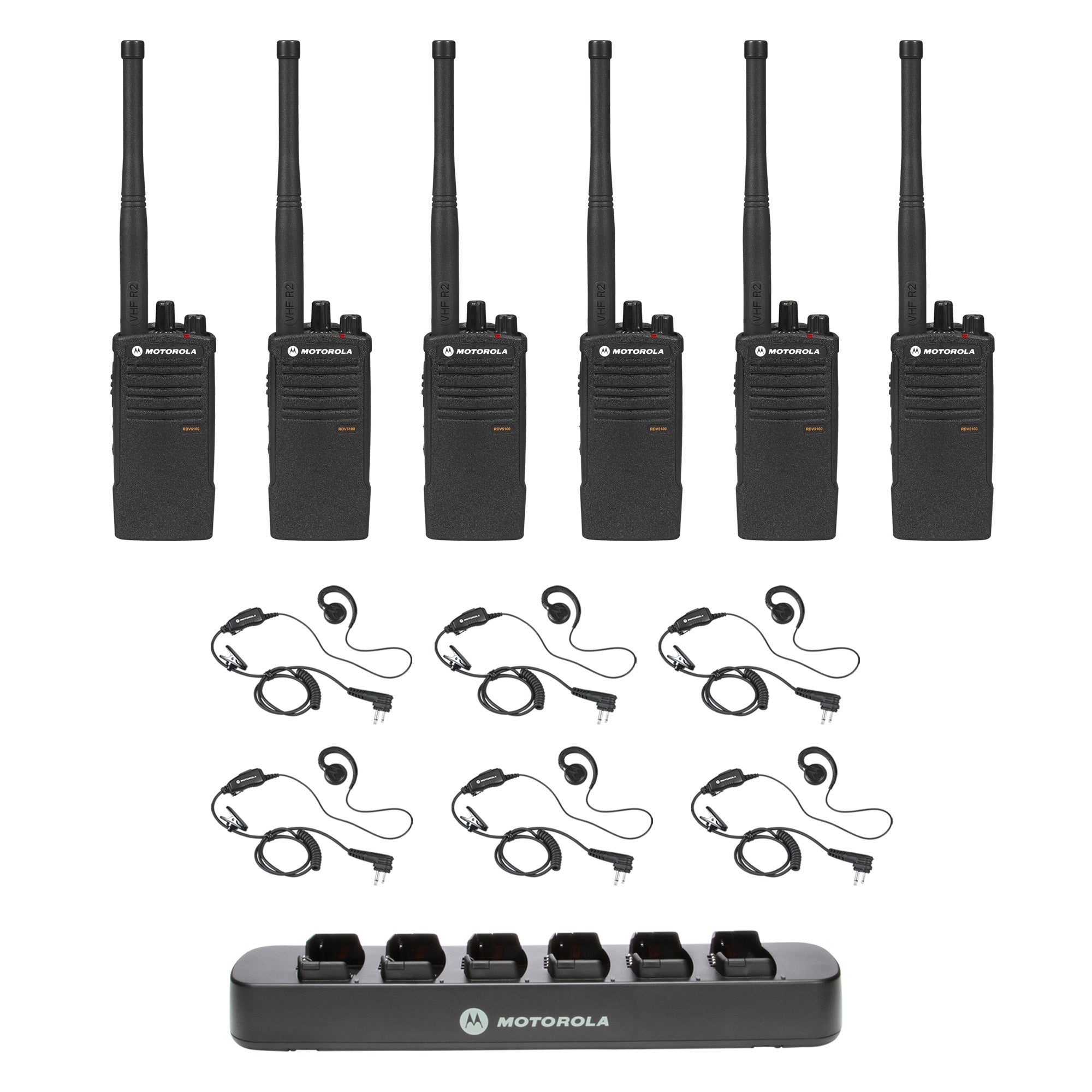 Motorola RDV5100 6-Pack Two-Way Radio Bundle with Multi-Unit Charger & Headsets - Perfect for Construction, Warehouses, and Event Security Teams