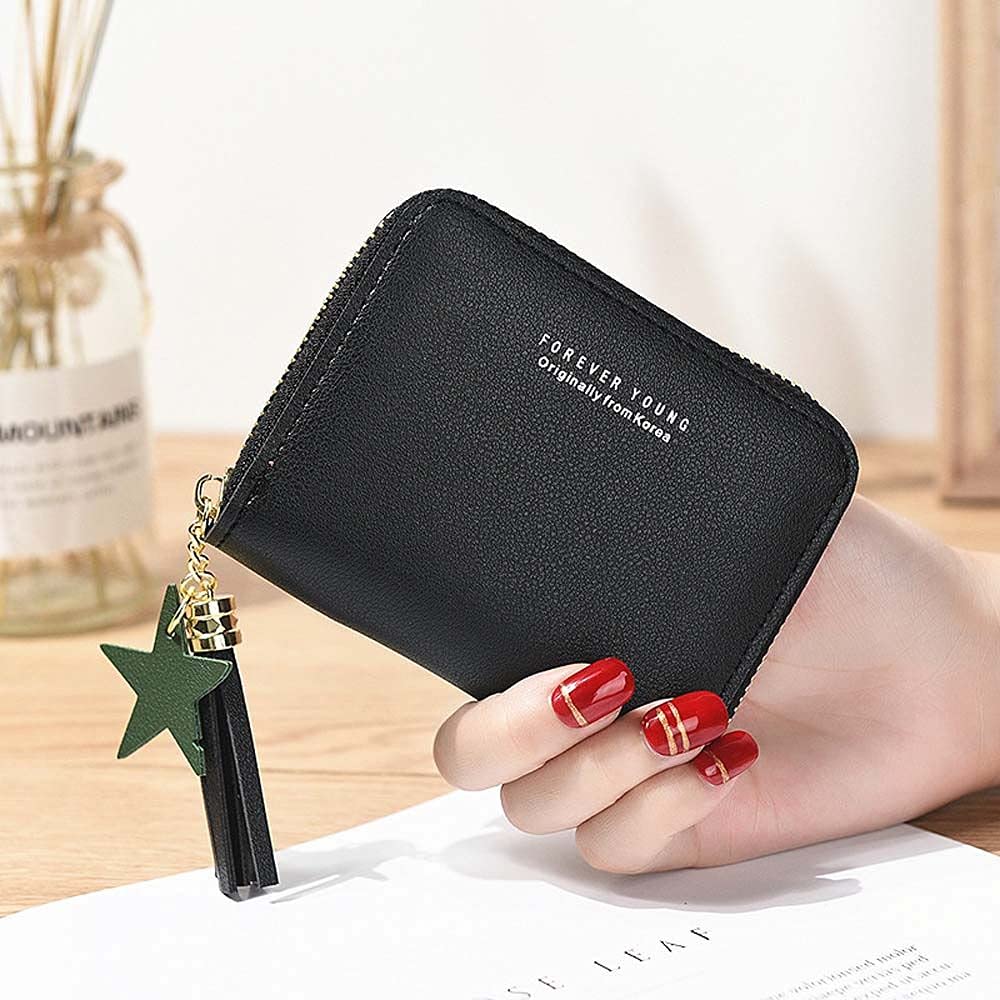 Stylish MHDTN Women's PU Leather Mini Short Wallet with Tassel - Multi Slot ID & Business Card Holder, Coin Purse (Black) | Perfect for Everyday Use, Travel & Gift Giving