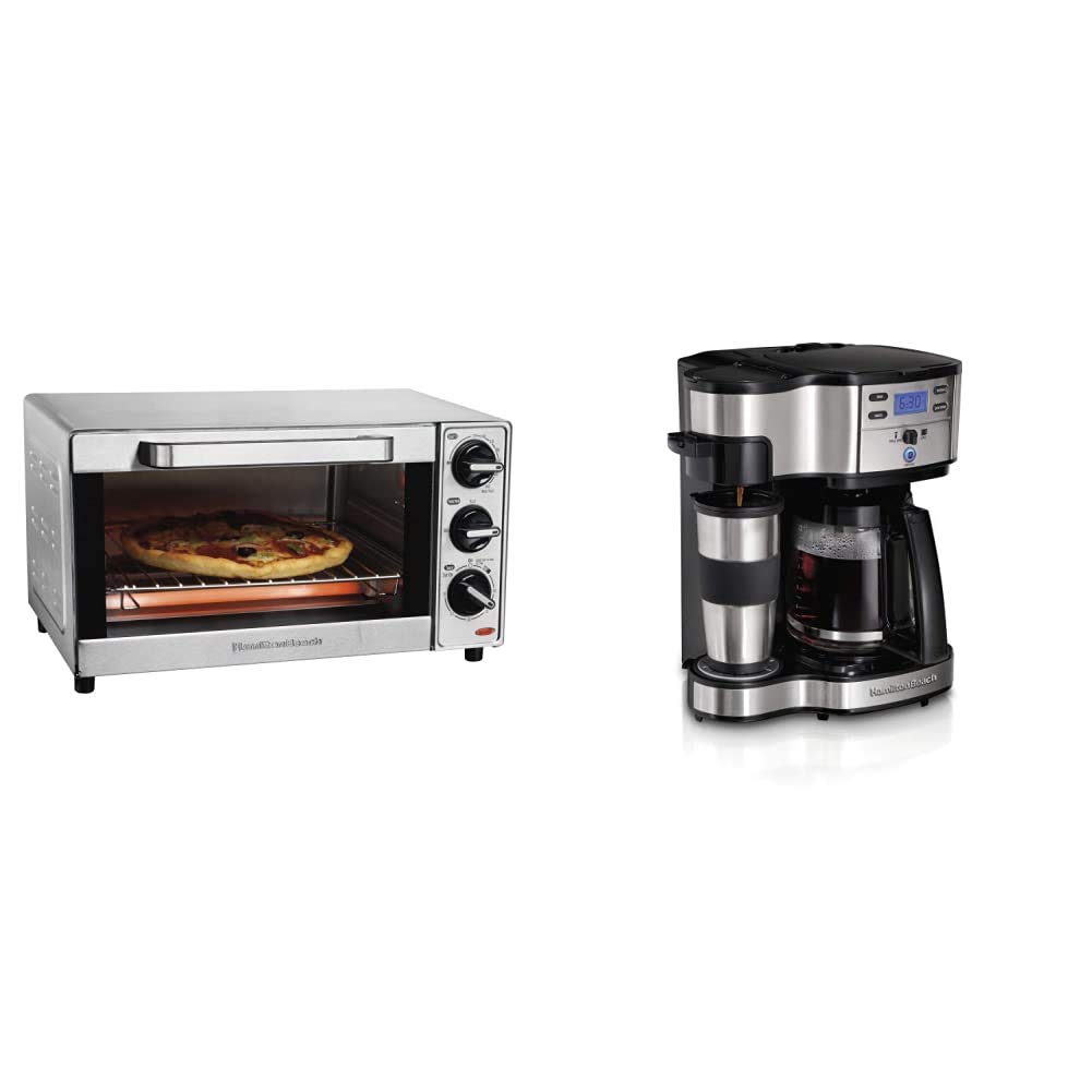 Hamilton Beach Countertop Toaster Oven & Pizza Maker (31401) - 4-Slice Compact Toaster Oven with Bake, Broil & Toast Functions | Perfect for Small Kitchens, Dorm Rooms & Quick Meals  Hamilton Beach 2-Way 12 Cup Programmable Drip Coffee Maker (49980R) - Dual Coffee Brewer with Thermal Carafe & Glass Pot | Ideal for Offices, Home Use & Entertaining Guests