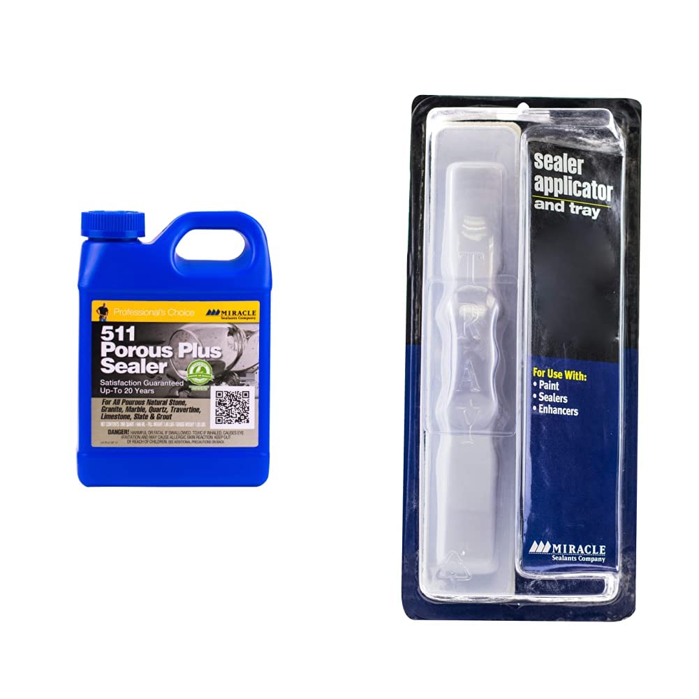 Miracle Sealants Plus QT 511 Porous Plus Sealer 32 oz Quart | APLTRAY8 Mira Brush Applicator & Tray Kit | Stone, Tile & Concrete Sealer for Countertops, Floors & Showers | Professional Grade Water-Based Protection
