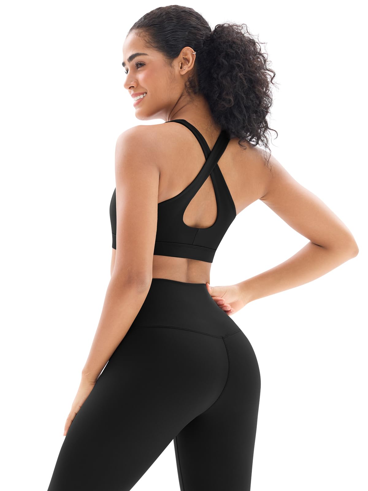 Women's High Waisted Yoga Leggings with Cross Back Sports Bra - 2 Piece Workout Set for Gym, Running & Fitness | Comfortable Gym Clothes (Y80M-Black) | Perfect for Yoga, Pilates & Home Workouts