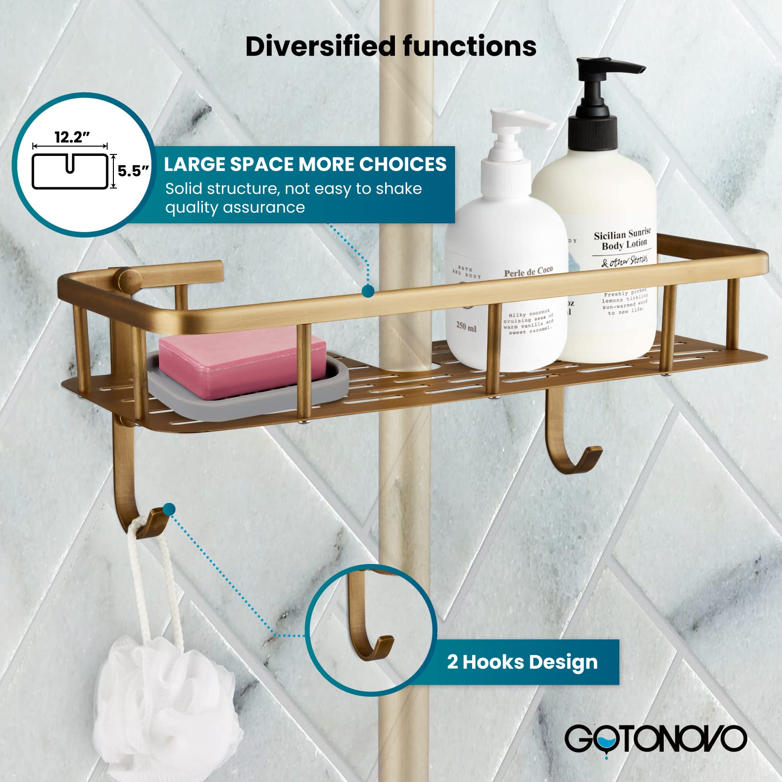 Gotonovo Solid Brass Wall Mount Shower Shelf - Single Layer Antique Brass Bathroom Storage Rack for Shampoo, Soap & Essentials - Perfect for Small Bathrooms & Showers