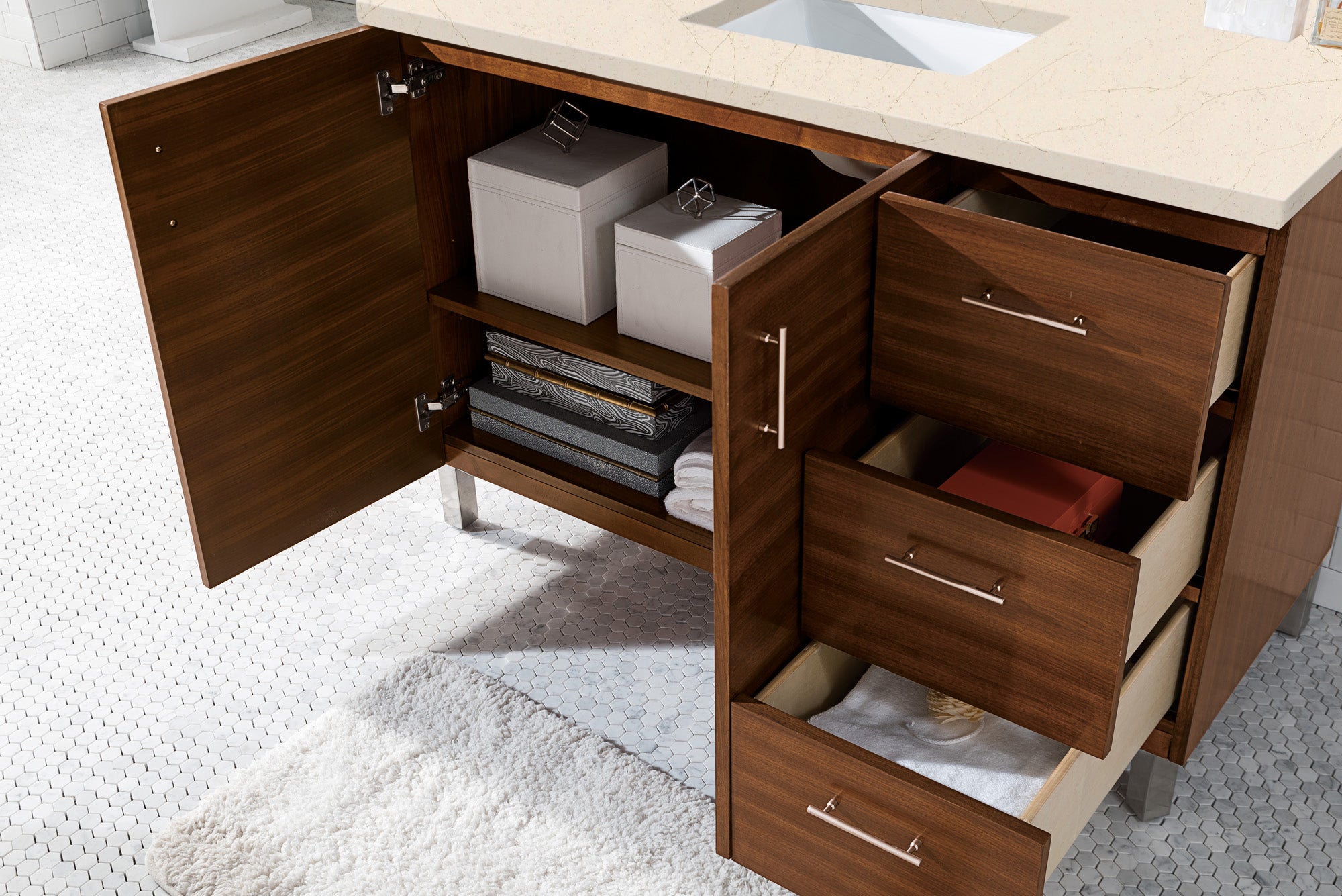 Metropolitan 48 Inch Single Bathroom Vanity with American Walnut Finish & 3CM Eternal Marfil Quartz Countertop - Perfect for Modern Master Bathrooms & Powder Rooms