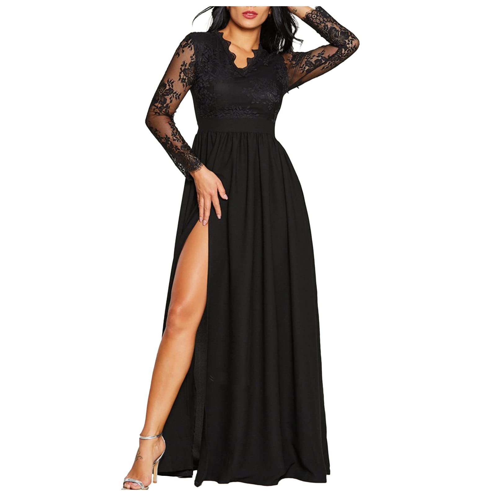 Elegant V-Neck Lace Long Sleeve Formal Evening Gown for Women - Bridesmaid, Prom & Special Occasion Dresses with High Slit | Perfect for Weddings, Galas & Black Tie Events