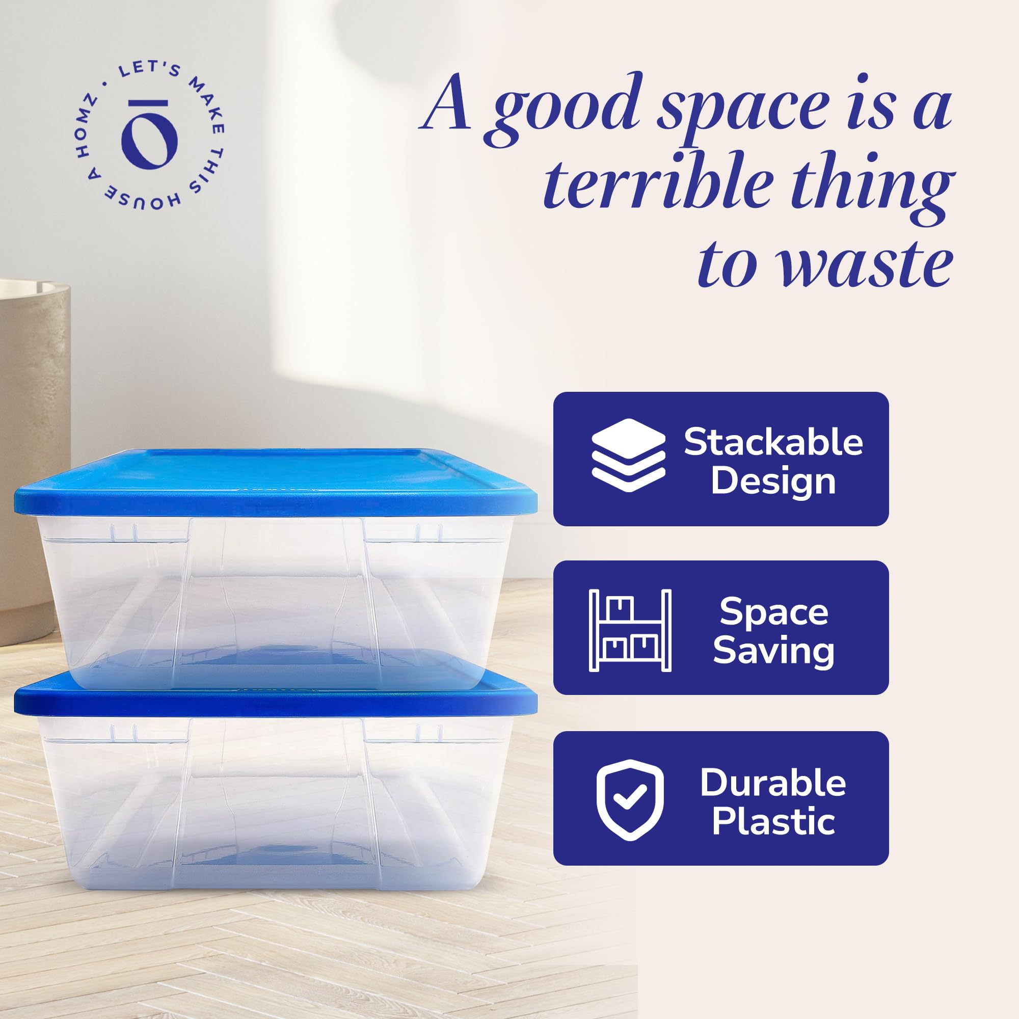 HOMZ 4-Pack Large Clear Plastic Storage Bins with Secure Lids - 41 Quart Organizing Containers for Home, Office & Closet Storage - Stackable & Durable Blue Bins for Clothes, Toys & Seasonal Items