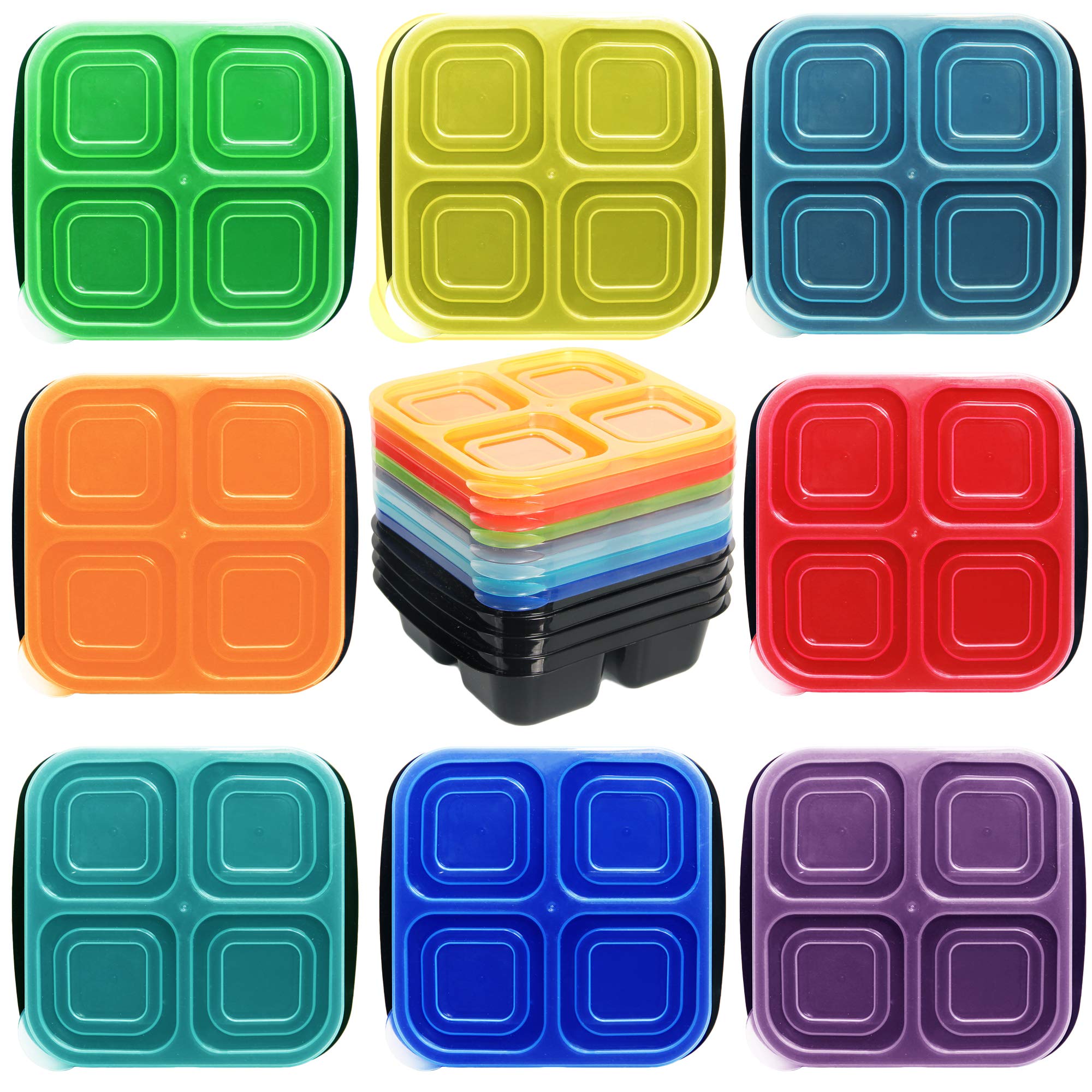 Youngever 8-Pack Rainbow Bento Box Set - 4-Compartment Reusable Food Storage Containers for Snacks, Lunch & Meal Prep | Perfect for School, Office & Picnics