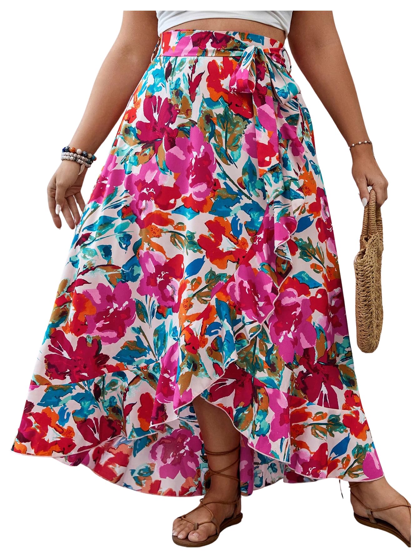 SOLY HUX Women's Plus Size Floral Print Wrap Skirt with Ruffle Trim & Belt - A-Line Long Summer Skirt for Casual Outings, Beach Vacations & Date Nights