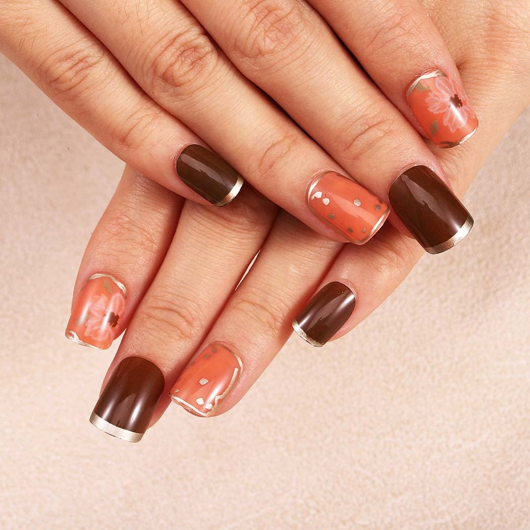 24Pcs Short Square Press on Nails - French Fake Nails with Glossy Gradient Design, Acrylic False Nails Full Cover Tips for Women & Girls | Perfect for Parties, Weddings, and Daily Wear (Orange French)
