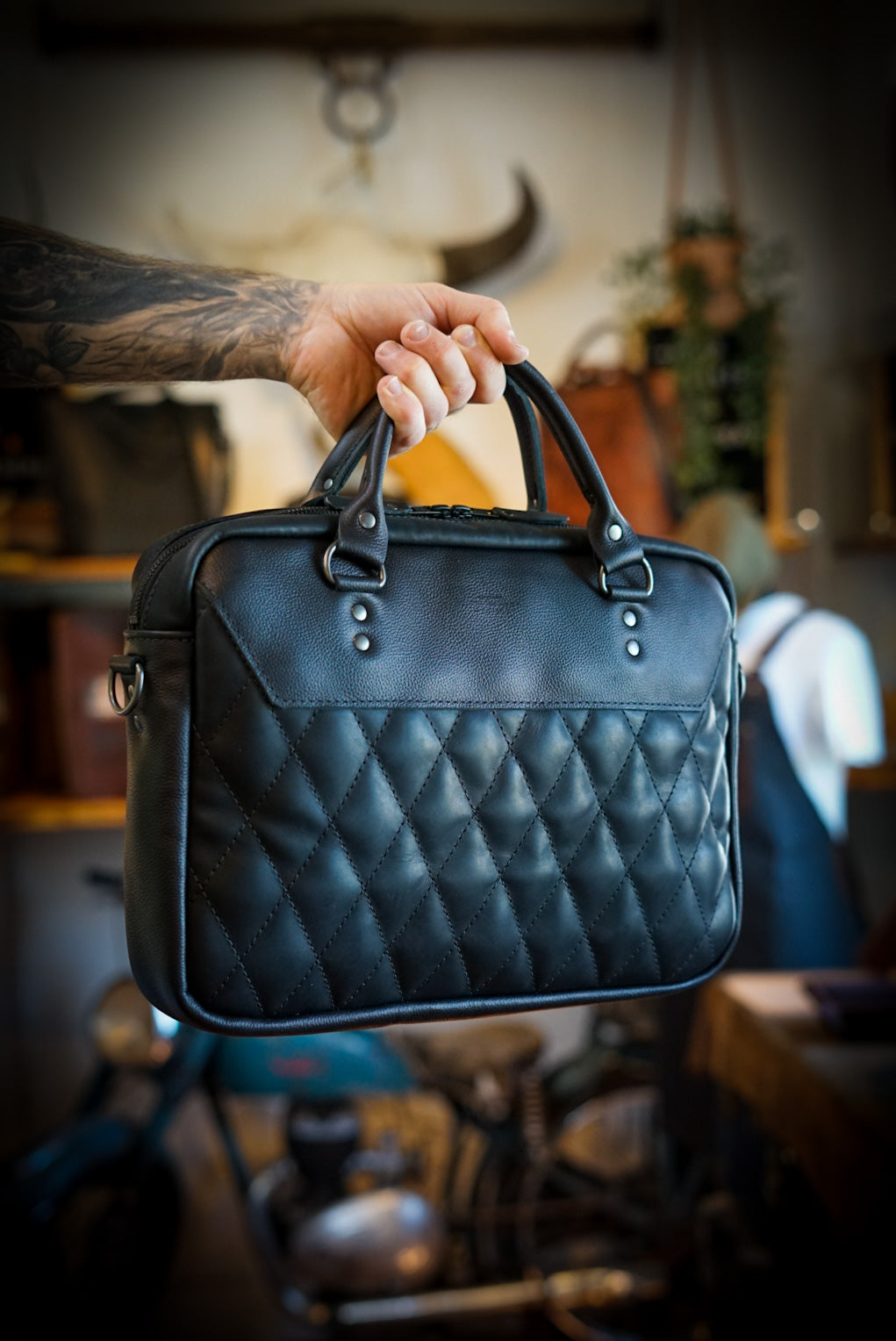 Premium Diamond Stitch Work Bag - Two Tone Flat Black & Pebbled Black Accents - Durable Professional Laptop Tote for Office, Business Travel & Commuting