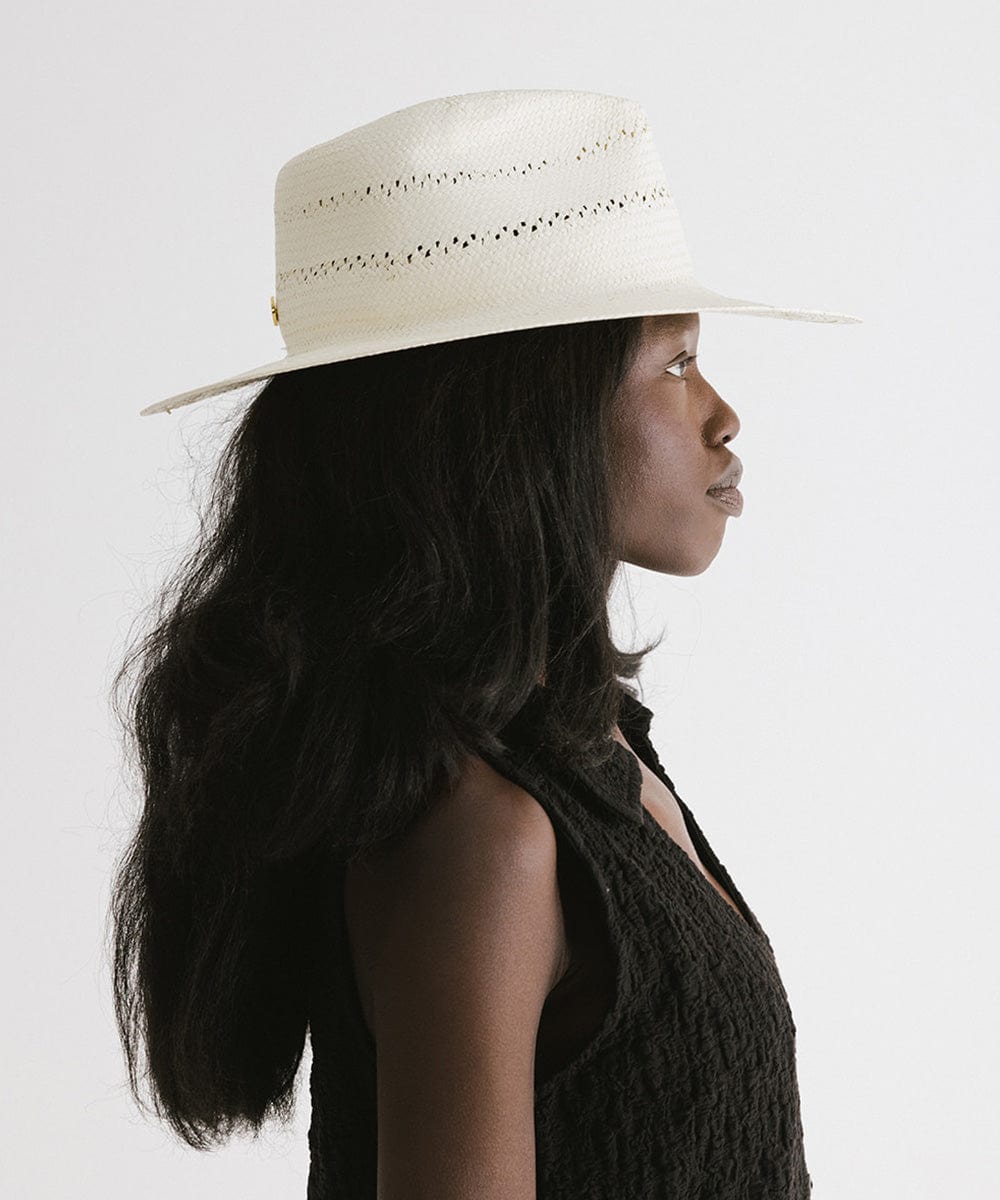 Sloan Teardrop Fedora Hat for Women - White Blemished Vintage Style Wide Brim Sun Hat for Outdoor, Beach, and Summer Fashion