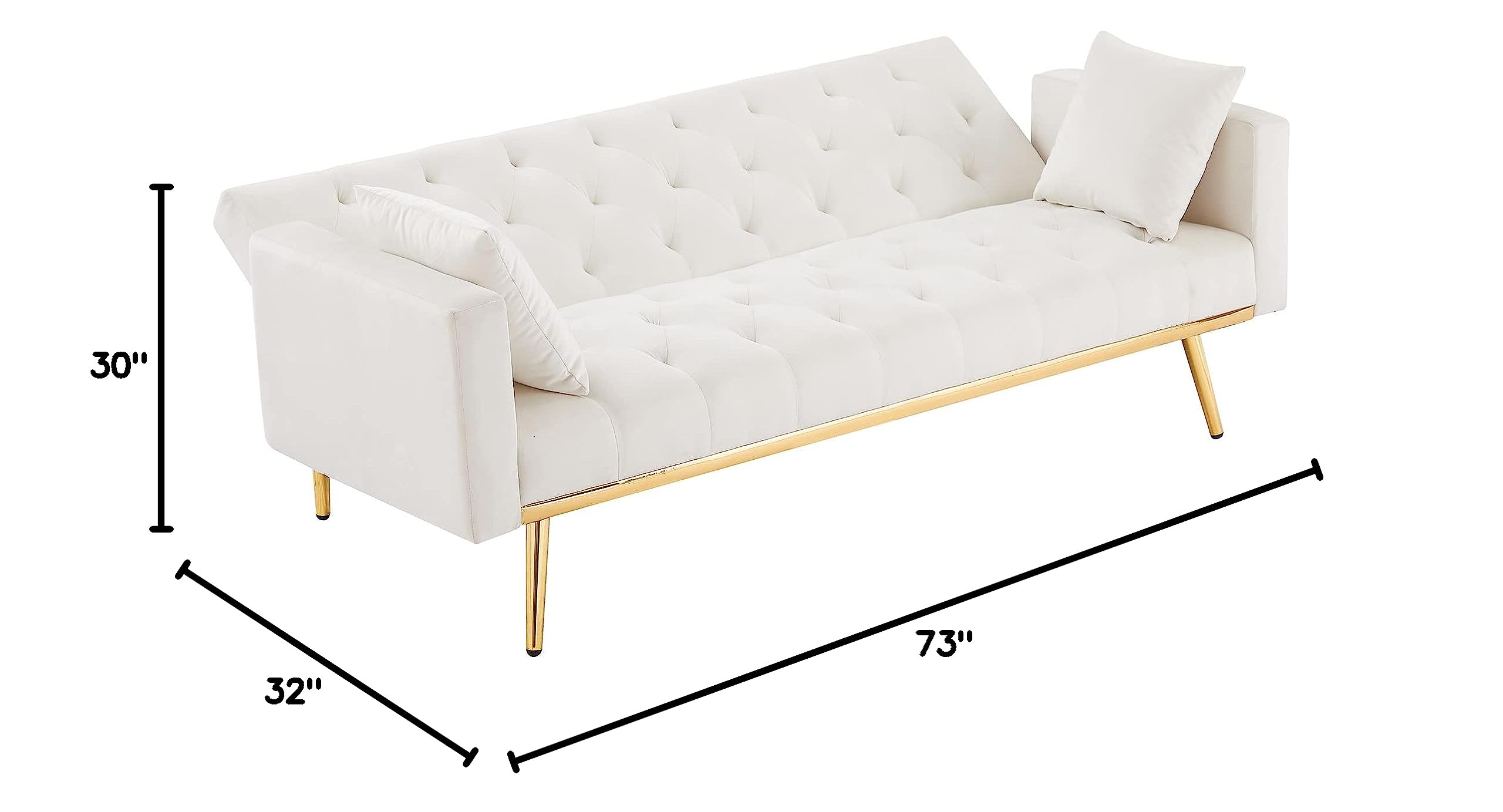 Modern Velvet Convertible Sleeper Sofa Couch with 2 Pillows - Foldable Futon Sofa Bed with Gold Metal Legs for Living Room, Bedroom, Office & Small Spaces (White) - Perfect for Guest Sleeping, Lounging & Space-Saving Solutions