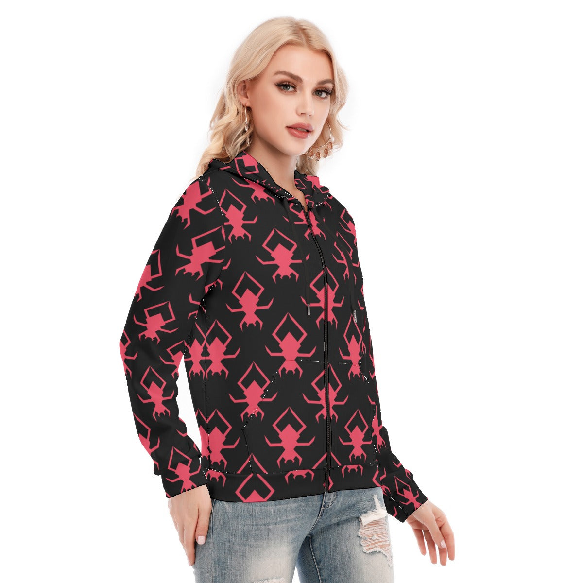 Gothic Pink Spider Print Zipper Hoodie for Women - Edgy Gothic Fashion, Streetwear, Halloween Costume & Alternative Style Outfits
