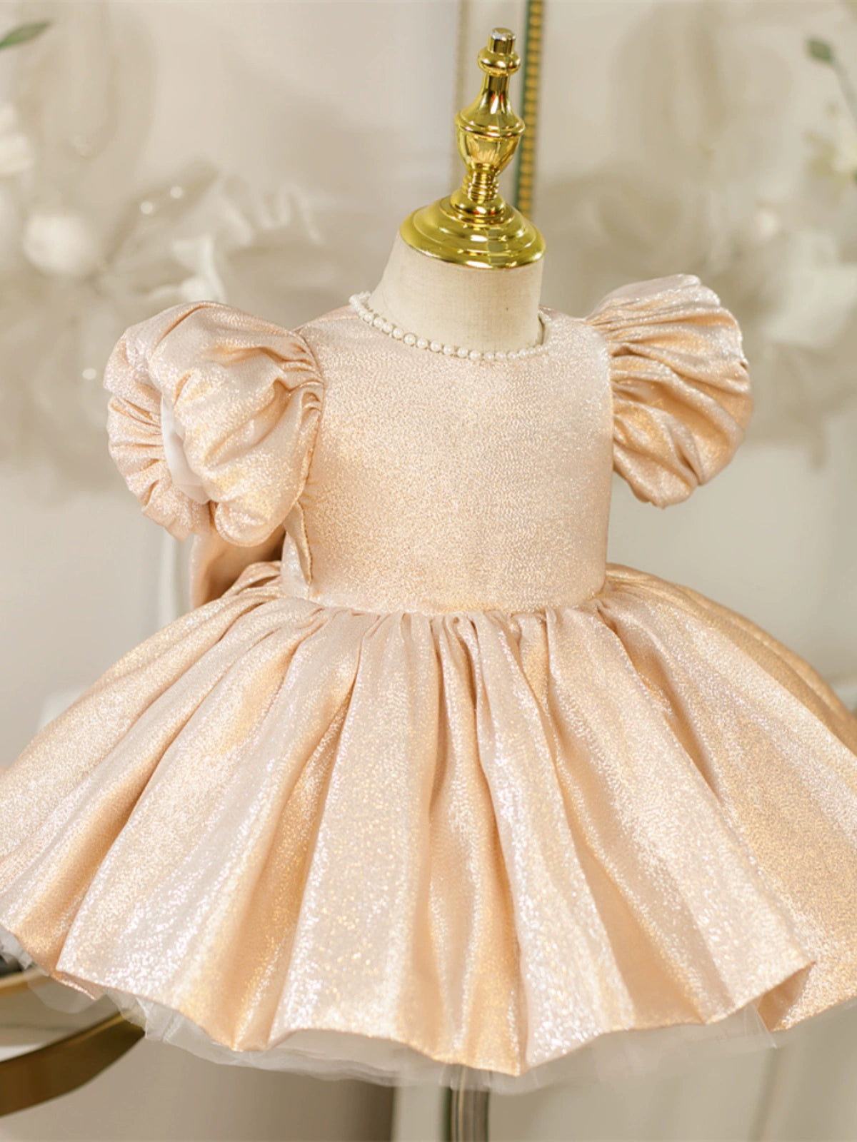Champagne Princess Jewel Neck Tea-Length Satin Flower Girl Dress for Weddings, Pageants & Special Occasions