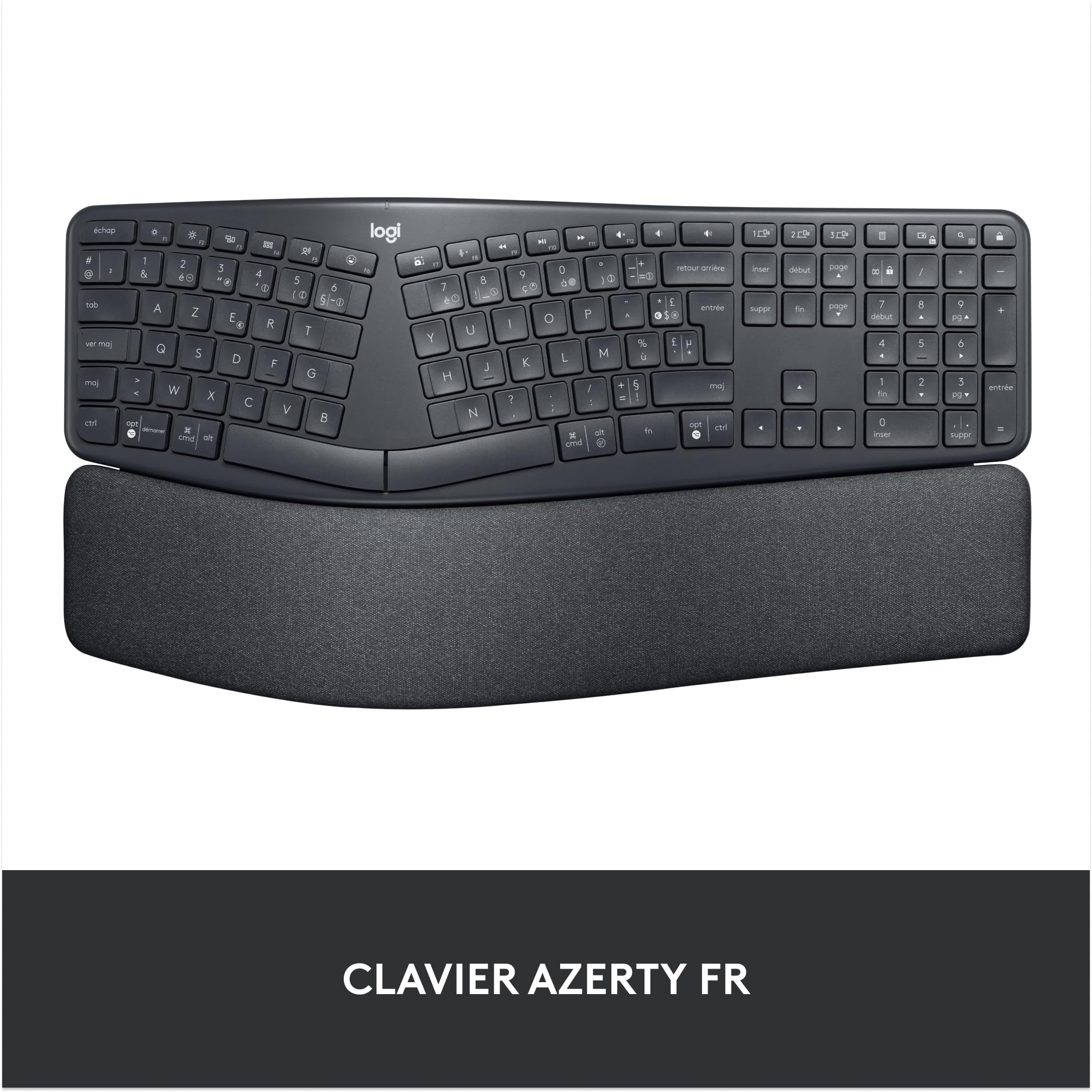 Logitech ERGO K860 Wireless Ergonomic Keyboard with Wrist Rest - Split Design for Natural Typing, Bluetooth & USB Connectivity - PC & Mac Compatible (French AZERTY Layout, Grey) - Ideal for Office Work, Long Typing Sessions & Reducing Wrist Strain