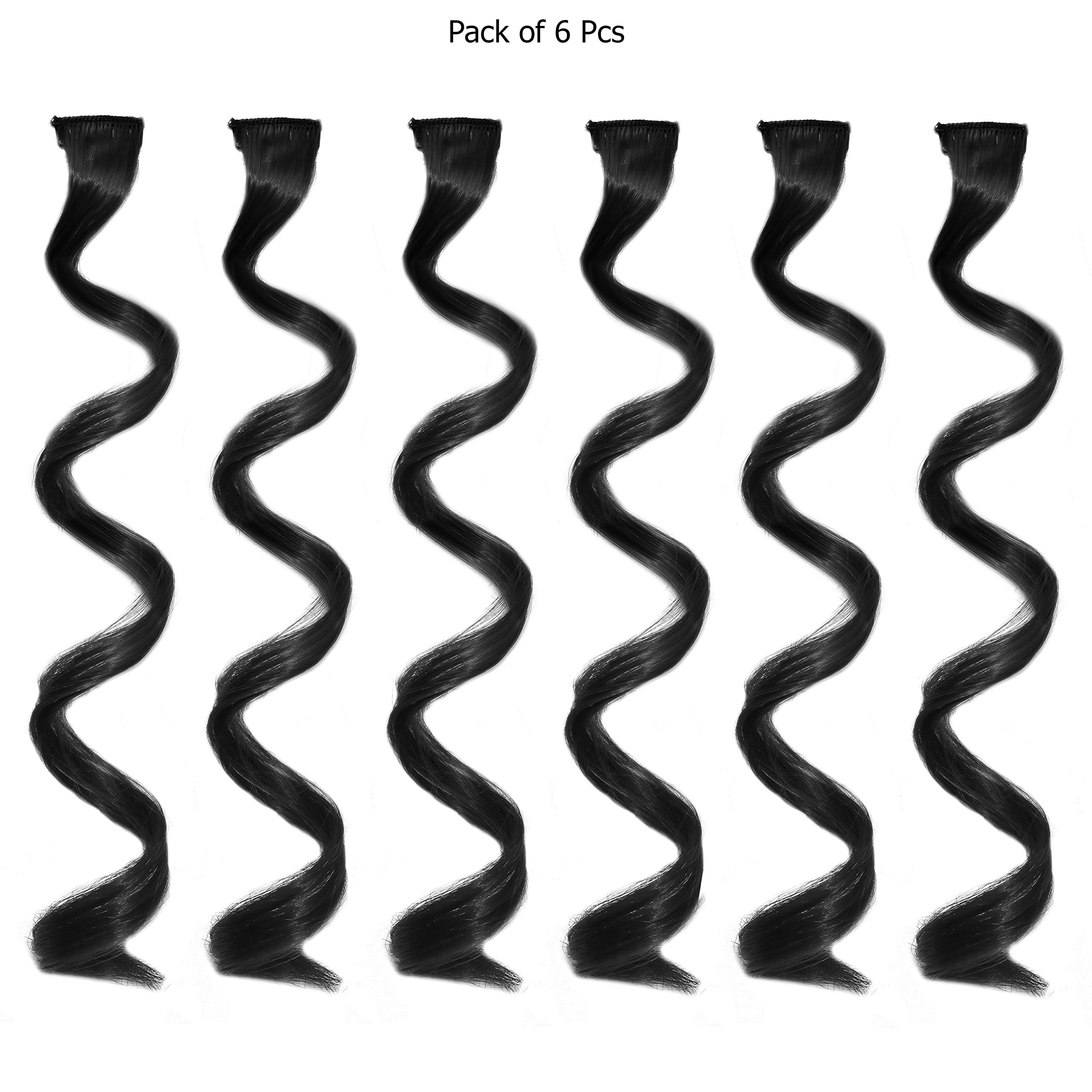 Rapidsflow® 6-Piece Colored Hair Streak Extensions for Women & Girls - 100% Real Human Hair for Highlighting & Styling - Curly Black - Perfect for Parties, Cosplay & Everyday Fashion