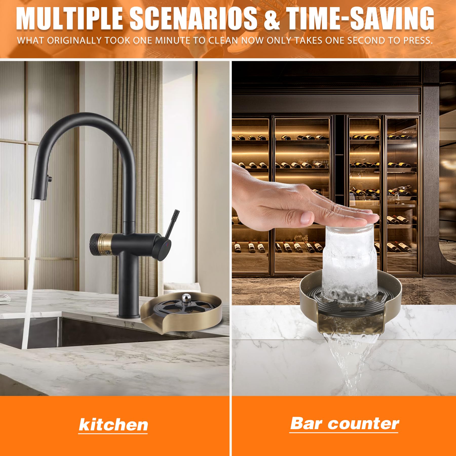 Upgraded 360° Rotating Stainless Steel Glass Rinser for Sink - Brushed Gold Cup Washer with Football Competition Design - Perfect for Bar Sink Attachment, Home Kitchen & Commercial Use