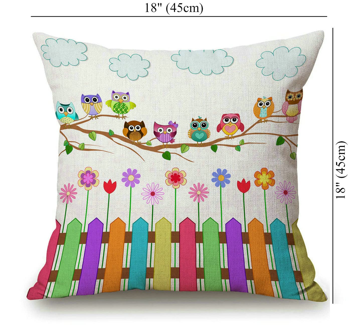Owls on a Branch Decorative Pillow Cover - 18x18 Inch Farmhouse Style Square Cushion Case with Sunny Countryside Wildflowers Design for Living Room, Bedroom & Porch Decor