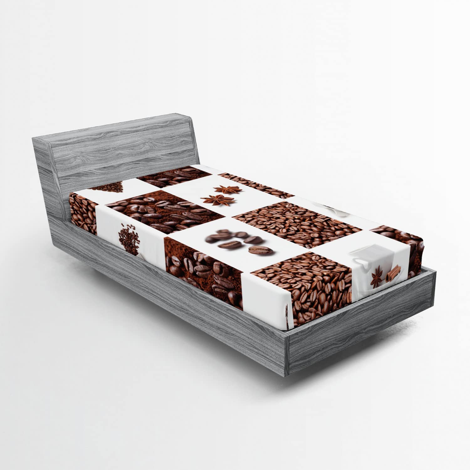 Ambesonne Coffee Themed Fitted Sheet - Twin XL Size, Brown & White, Deep Pocket with All-Around Elastic for Comfort - Perfect for Coffee Lovers' Bedrooms, Dorms, and Cozy Home Decor