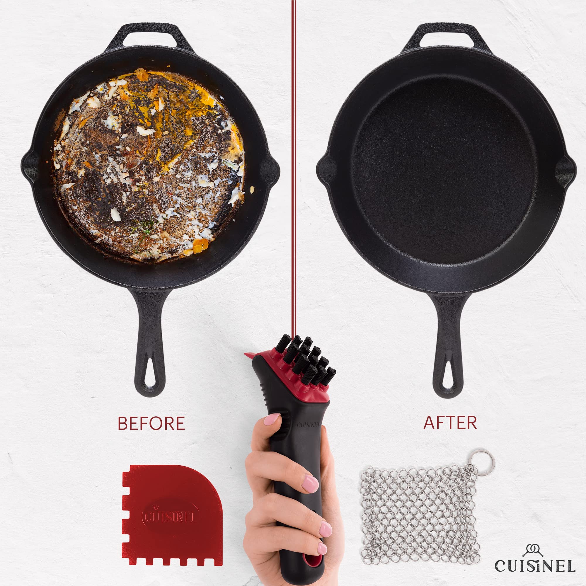 Cuisinel Cast Iron Scrubber Brush with Stainless Steel Chainmail & Pan Scraper - Heavy Duty Grill and Skillet Cleaner Kit - Non-Scratch Dish Scrub Tool for Tough Grease - Safe for Cookware - Perfect for Camping, Outdoor Cooking and Kitchen Cleaning