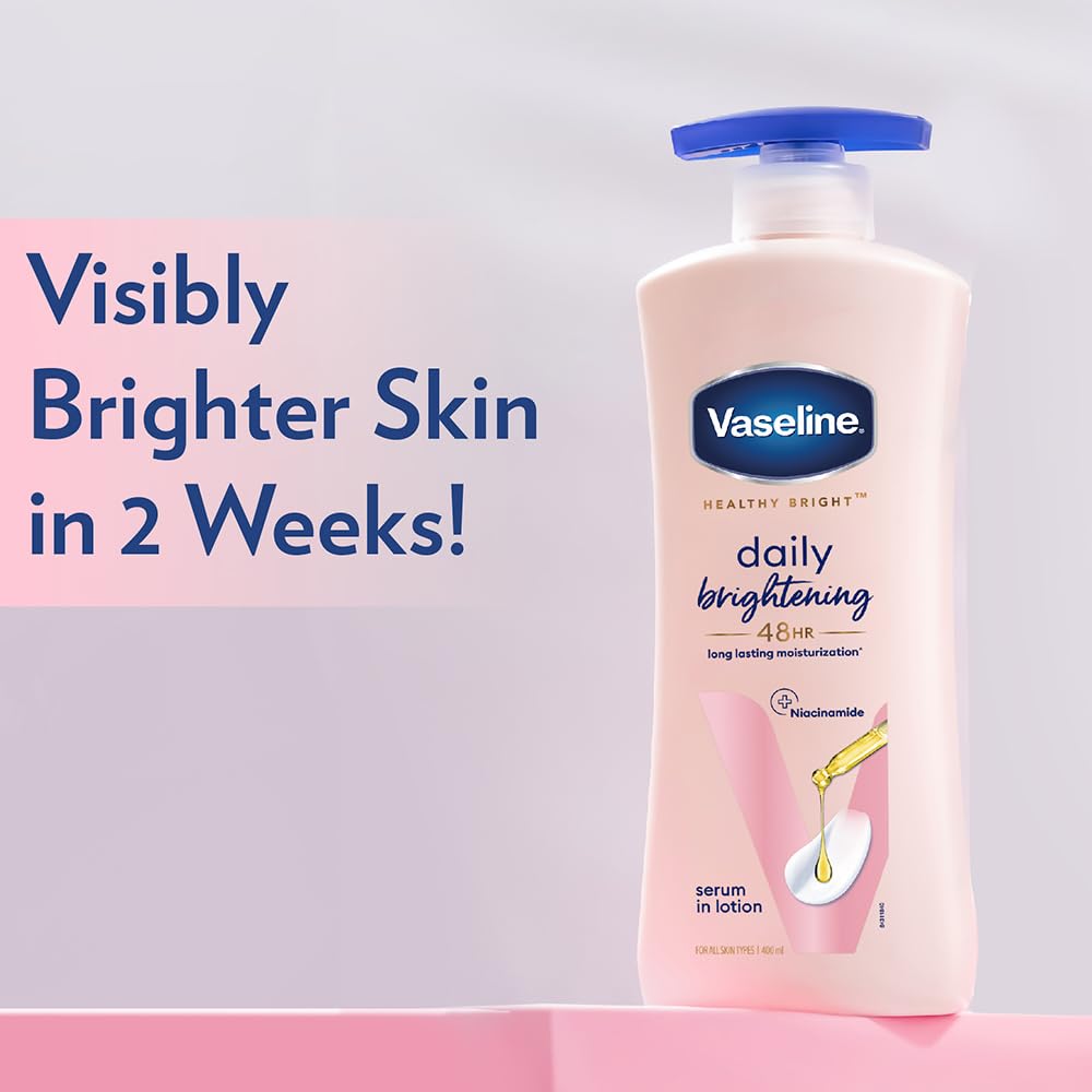 Vaseline Healthy Bright Daily Moisturizing Body Lotion with Vitamin B3 - 400ml for Glowing & Radiant Skin - Lightweight, Non-Sticky, Non-Oily Formula for Dry Skin - Visible Results in 2 Weeks - Perfect for Daily Hydration & Skin Brightening Routine